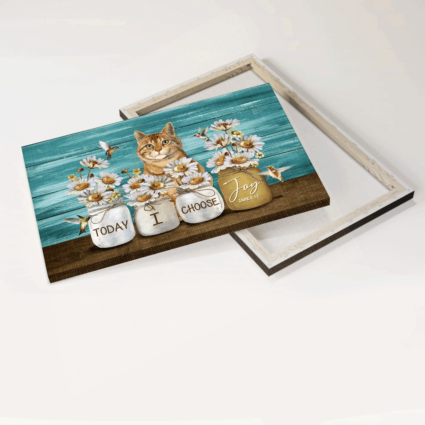 Jesus Landscape Canvas- Awesome Daisy Vase, Lovely Hummingbird, Cute Yellow Cat Canvas- Gift For Christian- Today I Choose Joy