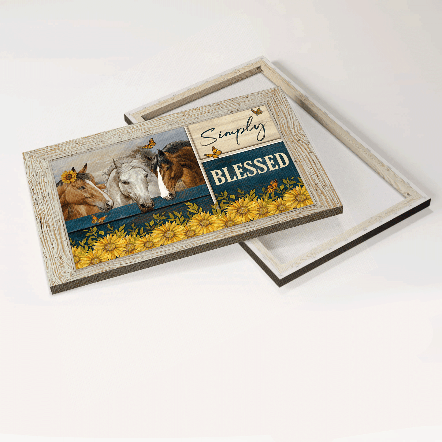 Jesus Landscape Canvas- Beautiful horses, Sunflower garden, Monarch butterfly canvas- Gift for Christian- Simply blessed