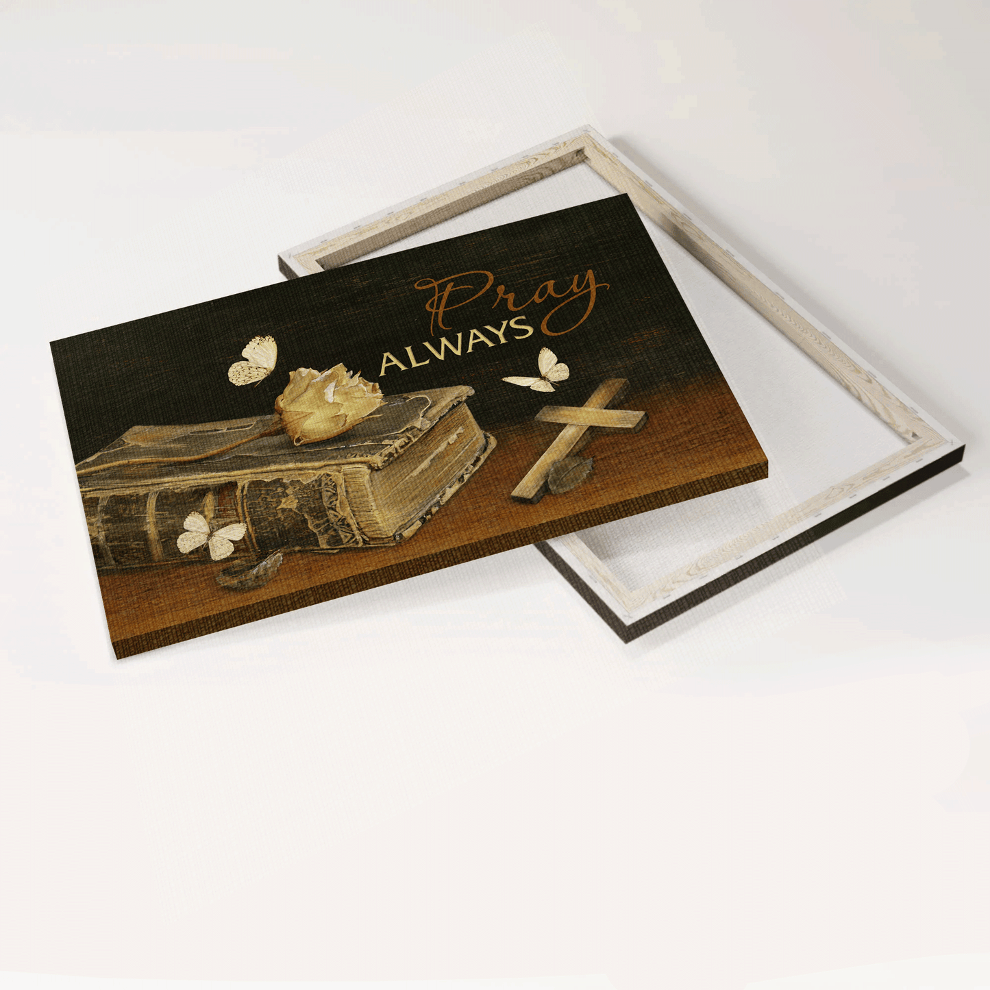Jesus Landscape Canvas- Antique Bible, Dried Rose, Wooden Cross, White Butterfly, Book Bible Canvas- Gift For Christian- Pray Always
