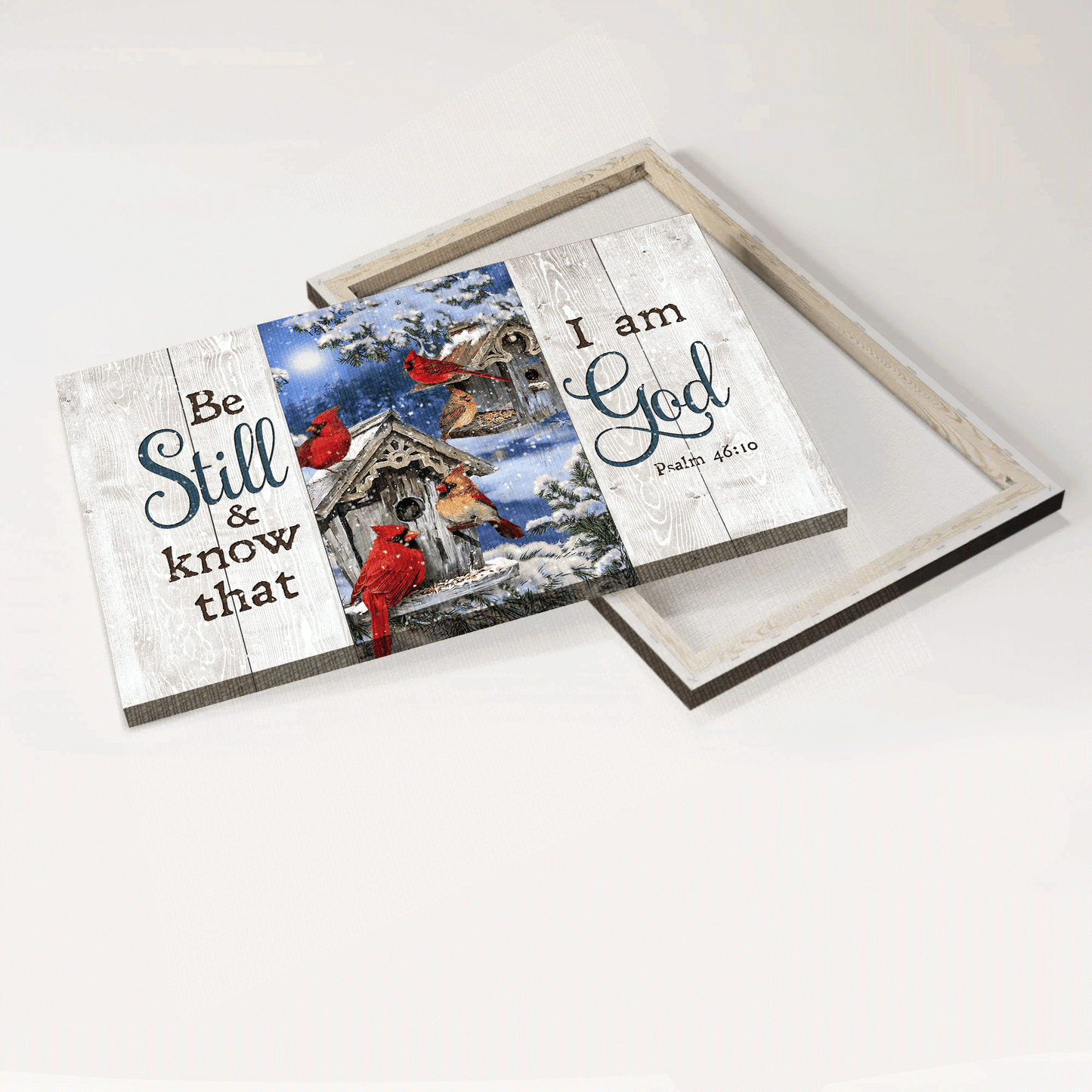 Jesus Landscape Canvas- Blue night, Cardinal drawing, Birdhouse canvas- Gift for Christian- Be still and know that I am God - Landscape Canvas Prints, Christian Wall Art