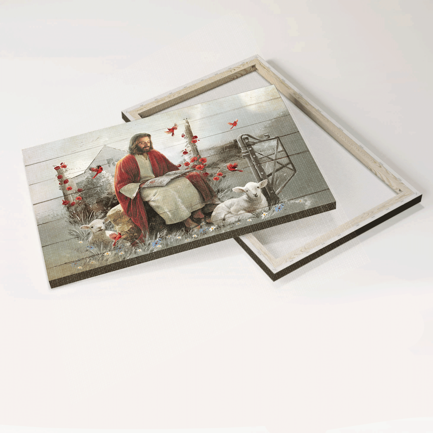 Jesus Landscape Canvas - Lamb of God, Red cardinal, Rustic garden God Landscape Canvas - Inspirational gift, Gift For Religious Christian