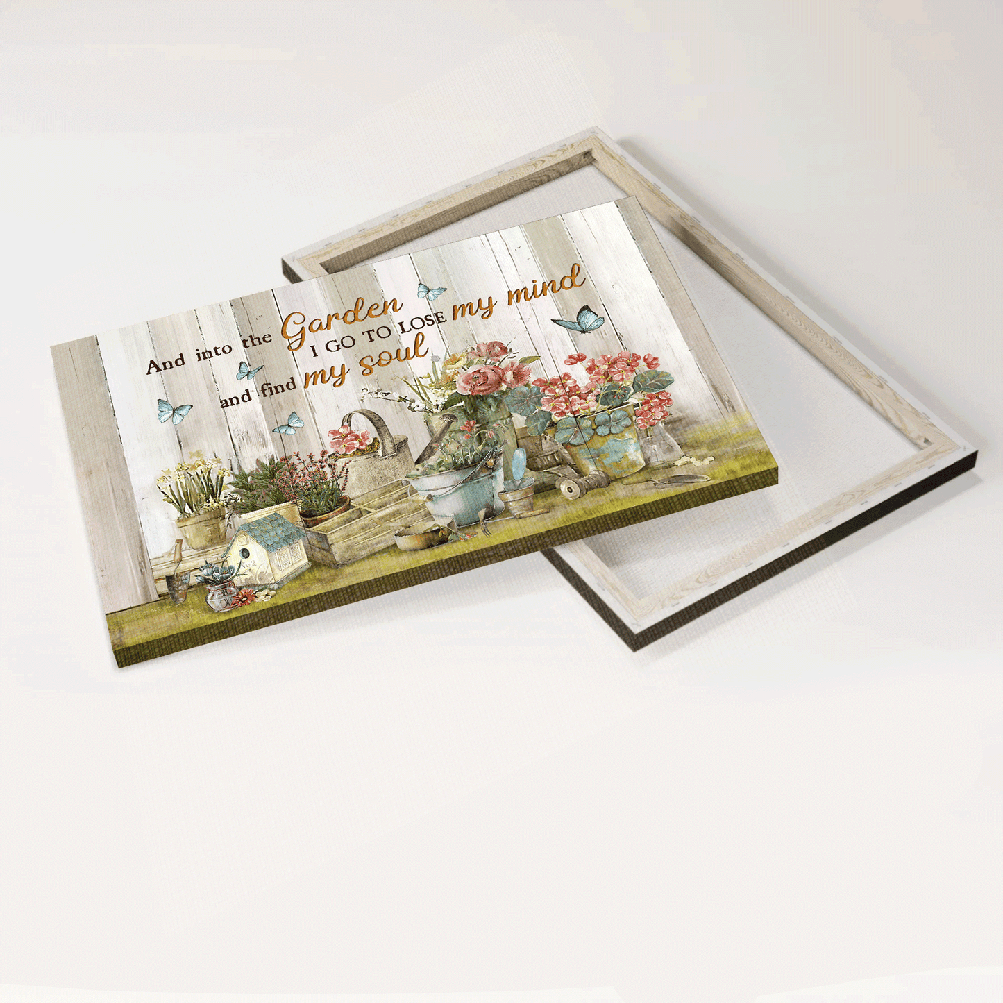 Jesus Landscape Canvas- Beautiful flower, Flower pots, Blue butterfly canvas- Gift for Christian- Into the garden find my soul