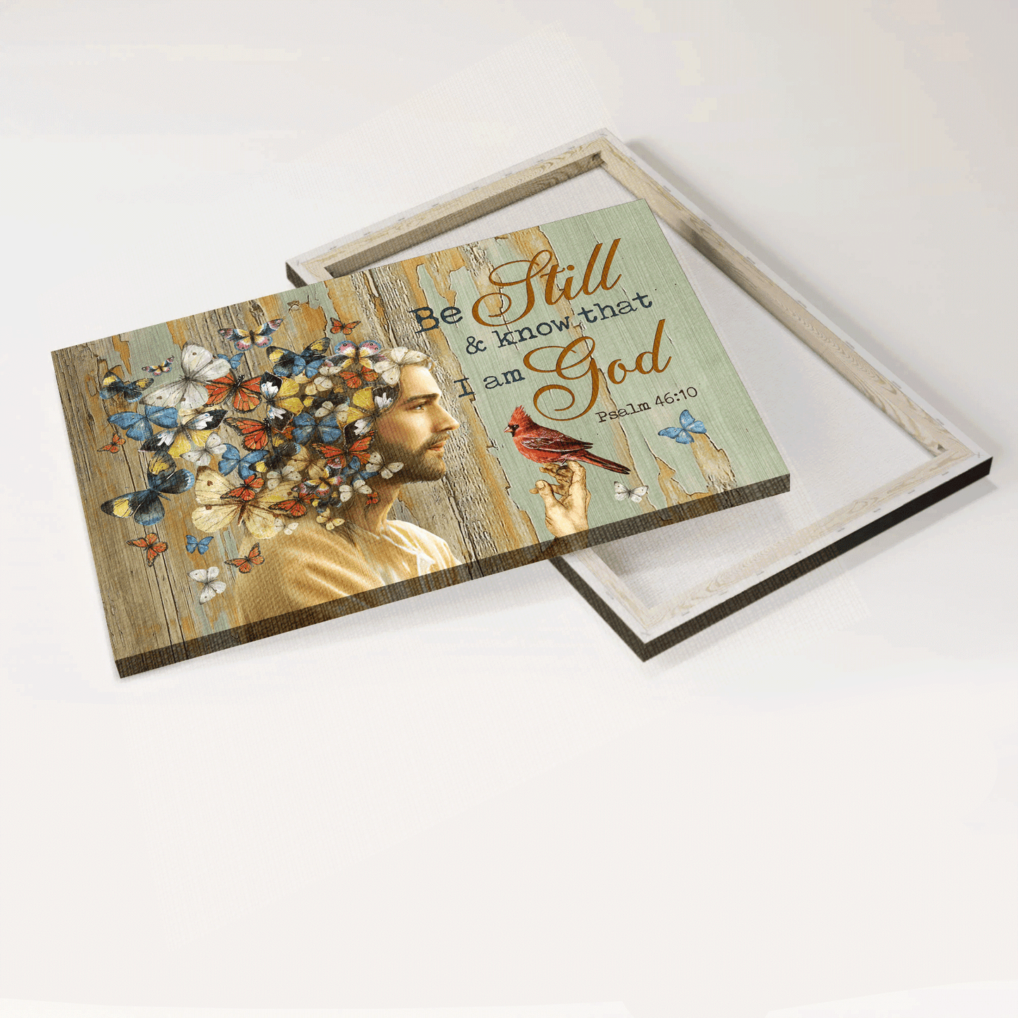 Jesus Landscape Canvas - Colorful Butterfly, The Real Face Of Jesus, Red Cardinal Landscape Canvas - Gift For Christian - Be Still And Know That I Am God Landscape Canvas