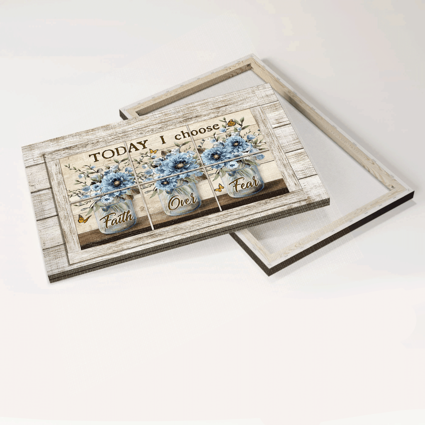 Jesus Landscape Canvas - Blue flower, Monarch butterfly, Vintage window Landscape Canvas - Gift For Christian - Today I choose faith over fear Landscape Canvas