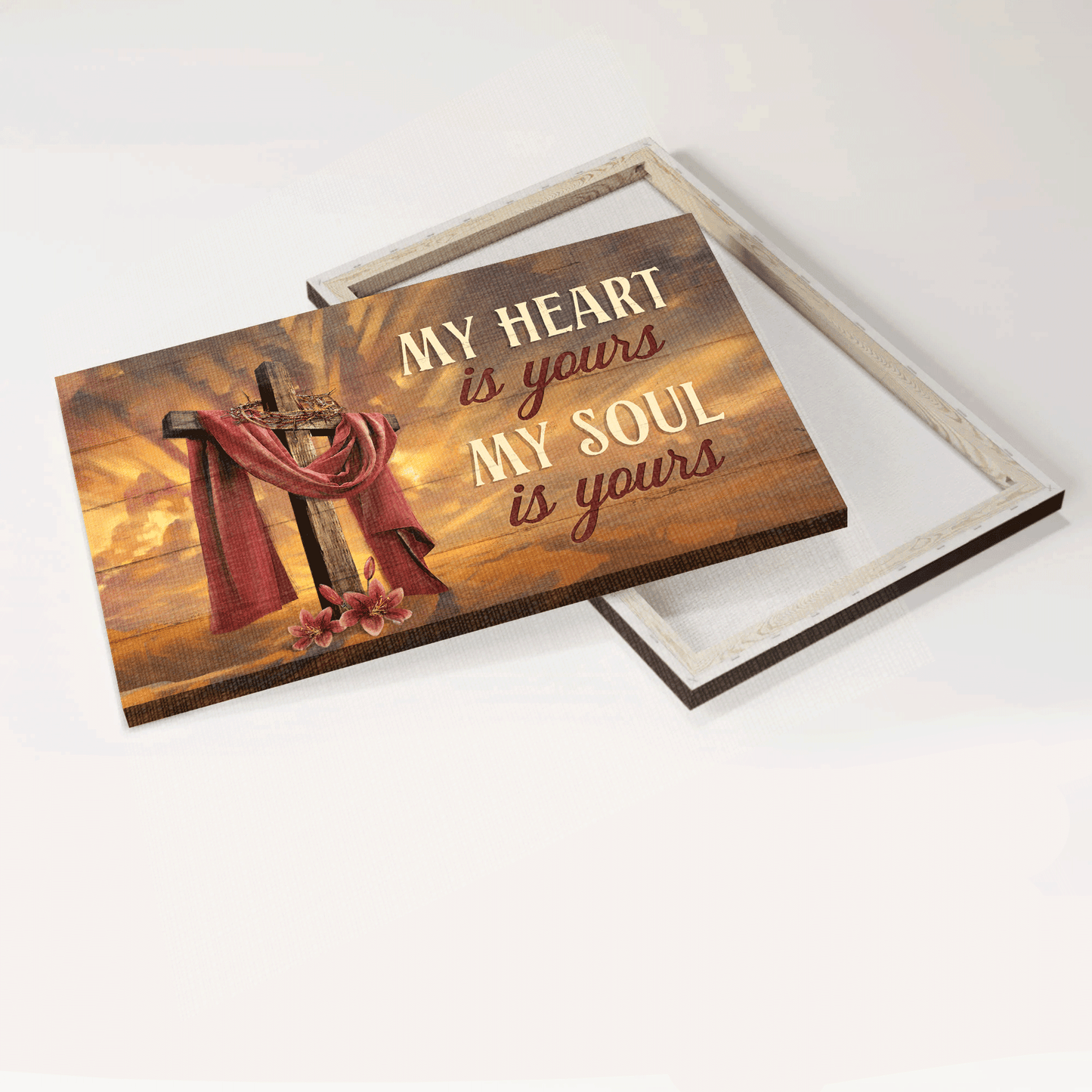 Jesus Landscape Canvas - Big cross, Crown of thorn, Red lily flower Landscape Canvas - Gift For Christian - My heart is yours, My soul is yours