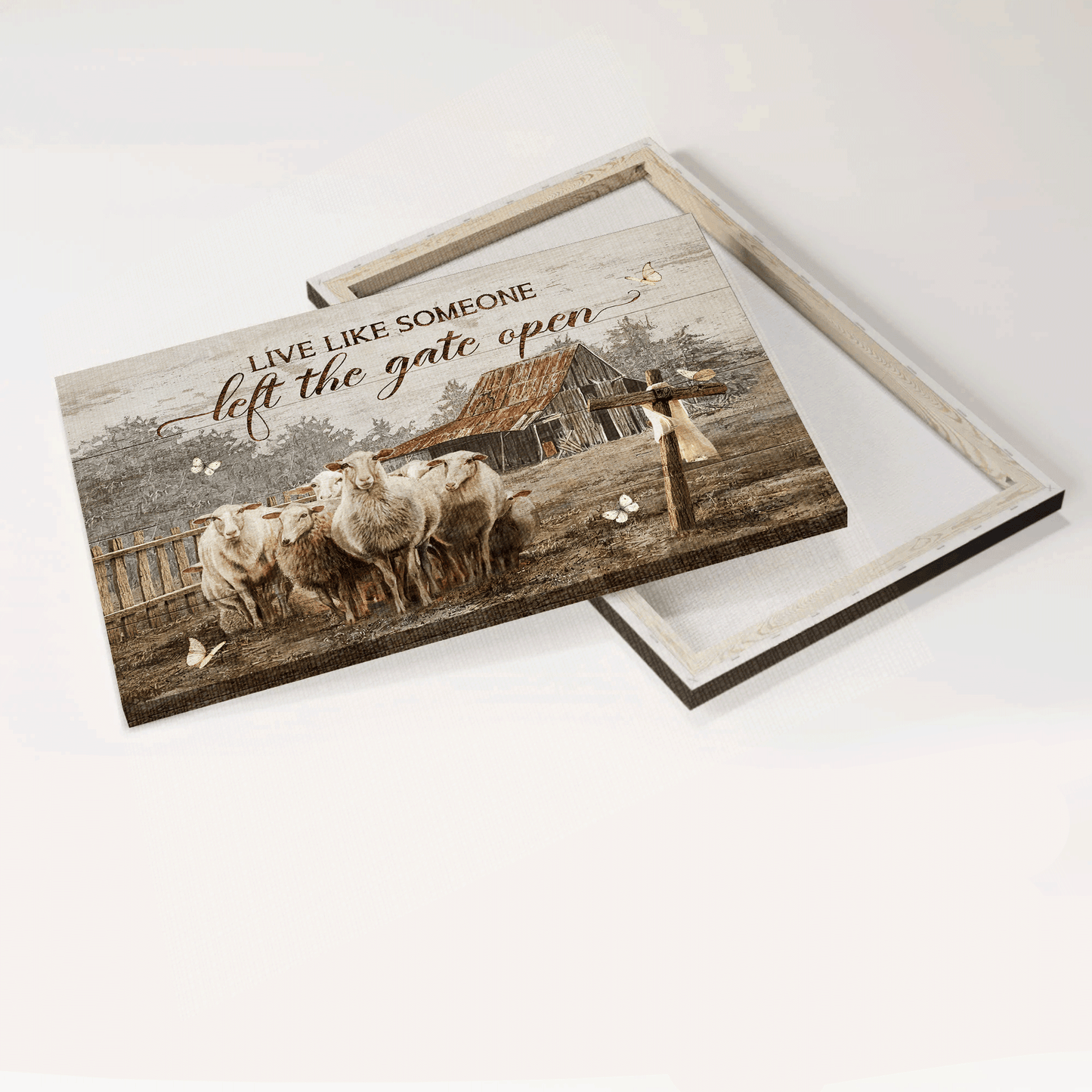 Jesus Landscape Canvas- Beautiful goat painting, Farm drawing, Wooden cross, White butterfly canvas- Gift for Christian- Live like someone left the gate open