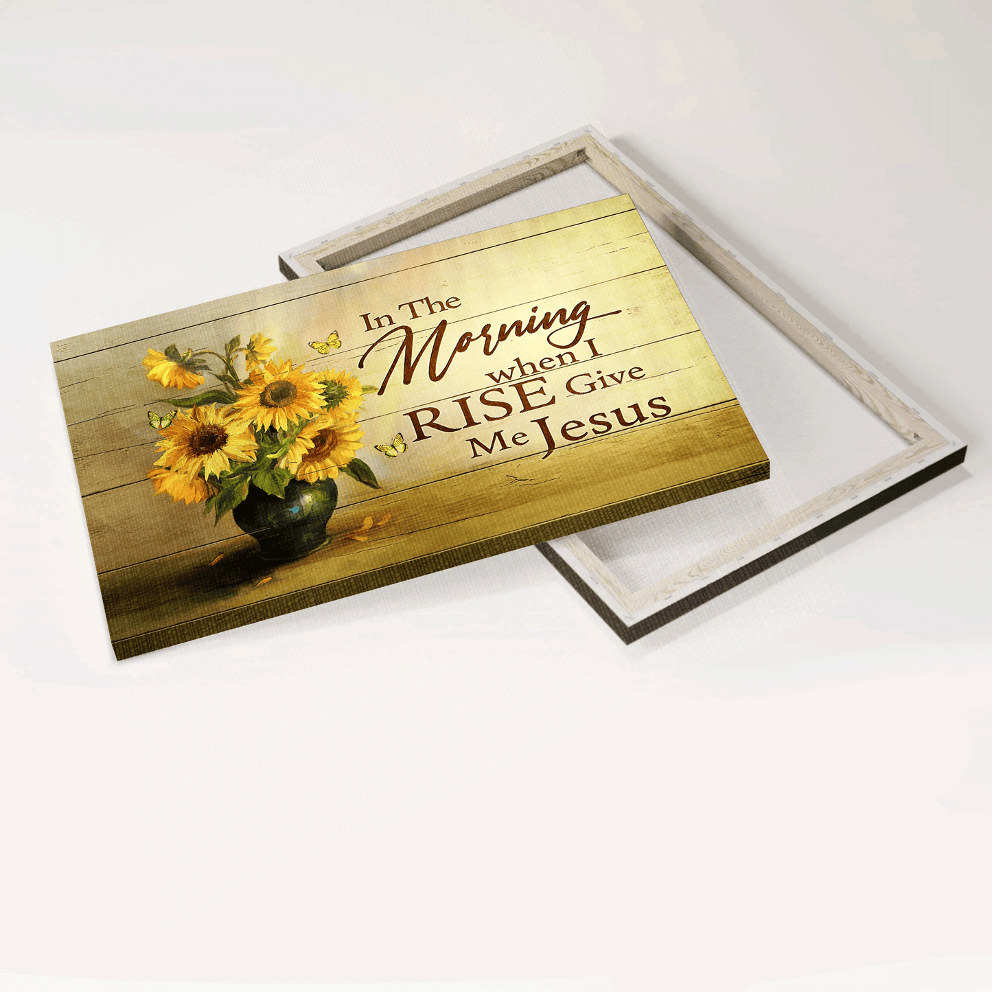 Jesus Landscape Canvas - Sunflower Drawing, Happy Sunlight, Butterfly Canvas - Gift For Christian - In The Morning When I Rise Give Me Jesus Canvas