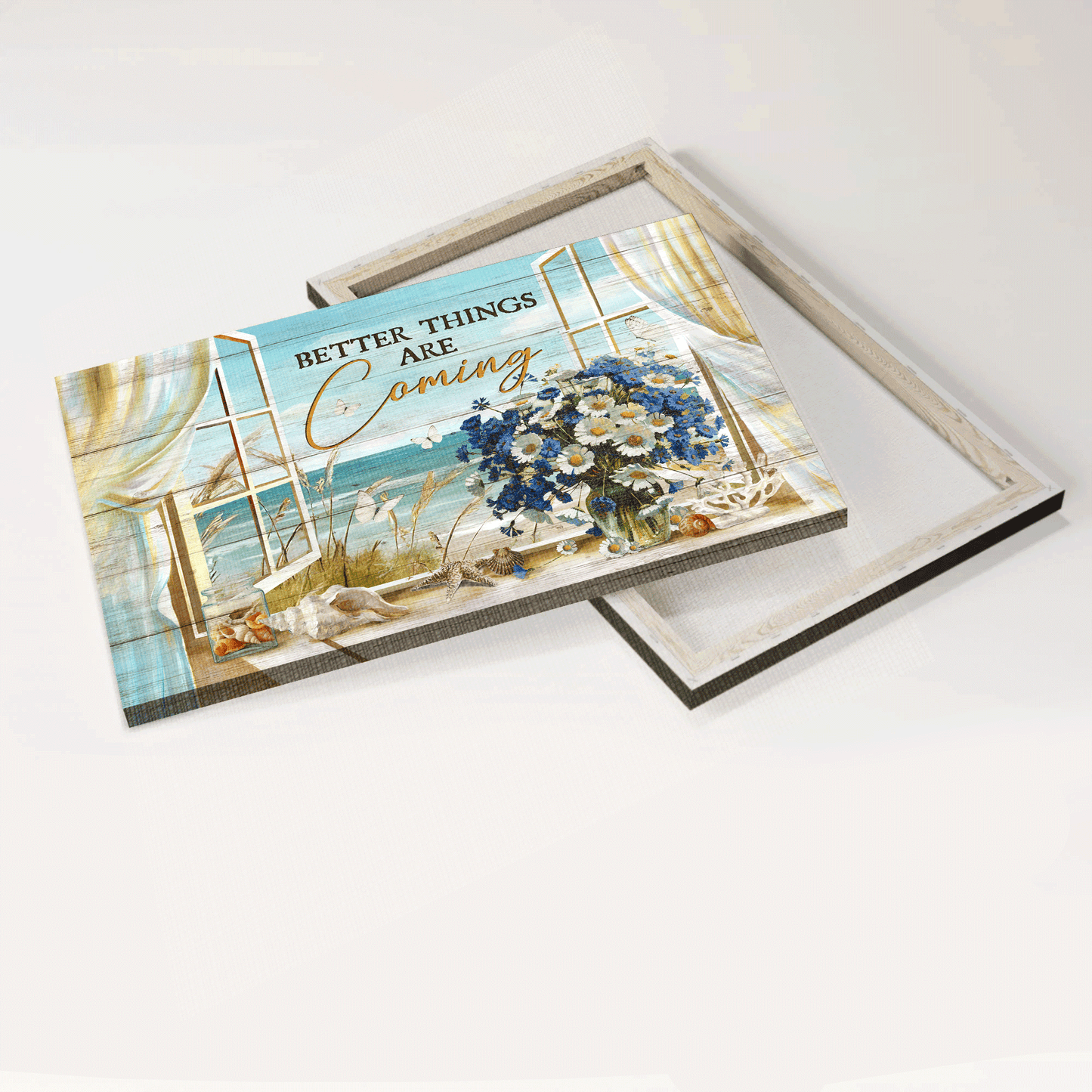 Jesus Landscape Canvas- Blue daisy, White daisy, Seashell, Ocean view canvas- Gift for Christian- Better things are coming - Landscape Canvas Prints, Christian Wall Art