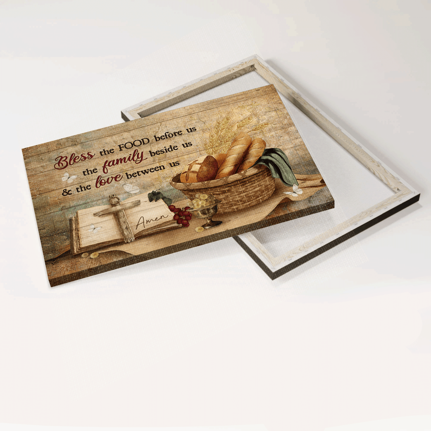 Jesus Landscape Canvas- Baguette Painting, Grapes Drawing, Religious Text, Book Landscape Canvas- Gift For Christian- Bless The Food