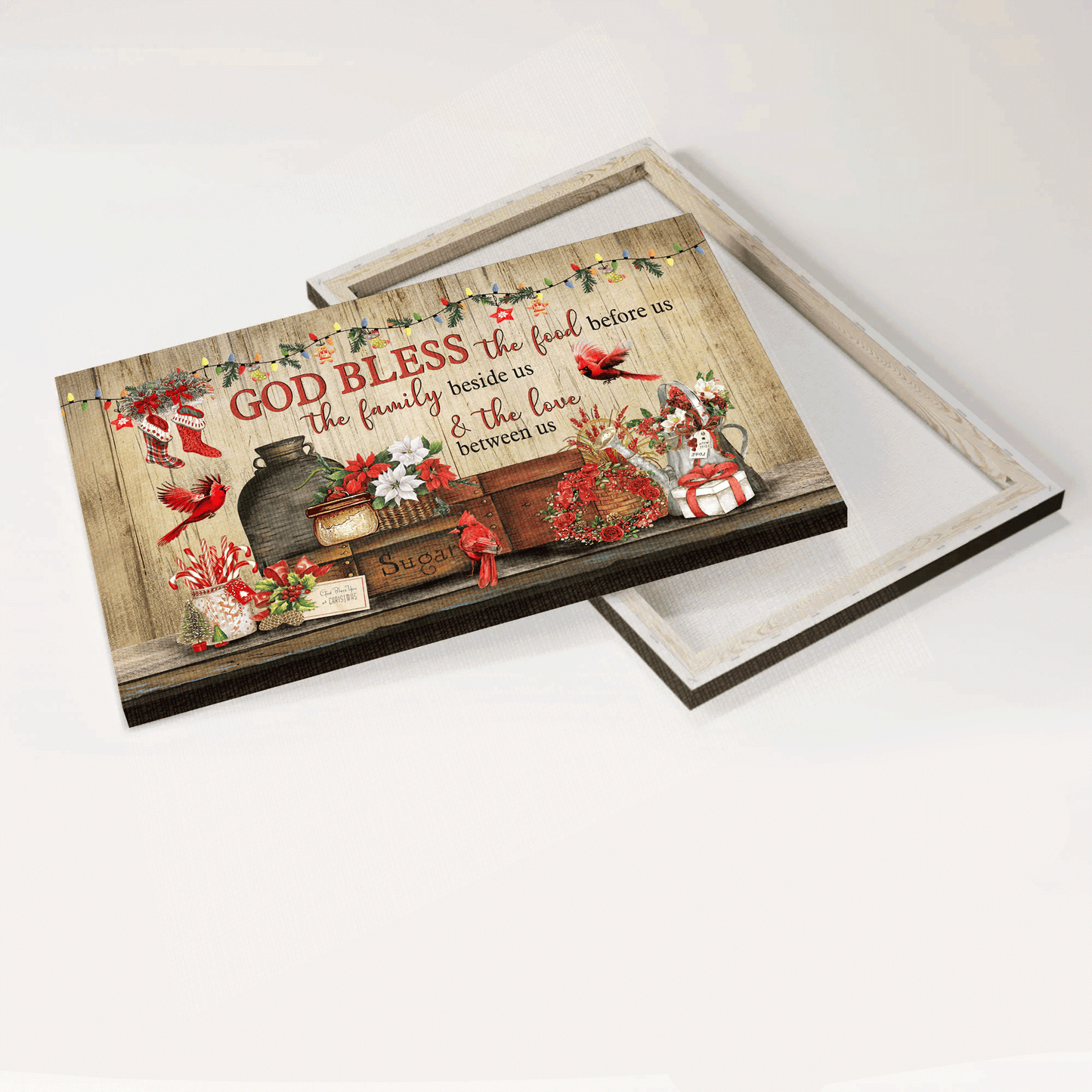 Jesus Landscape Canvas - Merry Christmas, Red Cardinal, Colorful Flower, Pretty Christmas Gift Box- Gift For Christian - God Bless The Food Before Us, The Family Beside Us & The Love Between Us