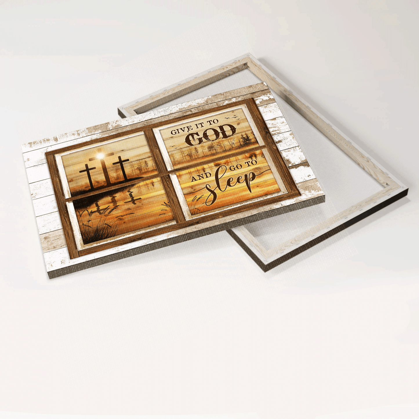 Jesus Landscape Canvas - Orange sunset, Cross symbol, Beautiful lake Landscape Canvas - Gift For Christian - Give it to God and go to sleep Landscape Canvas