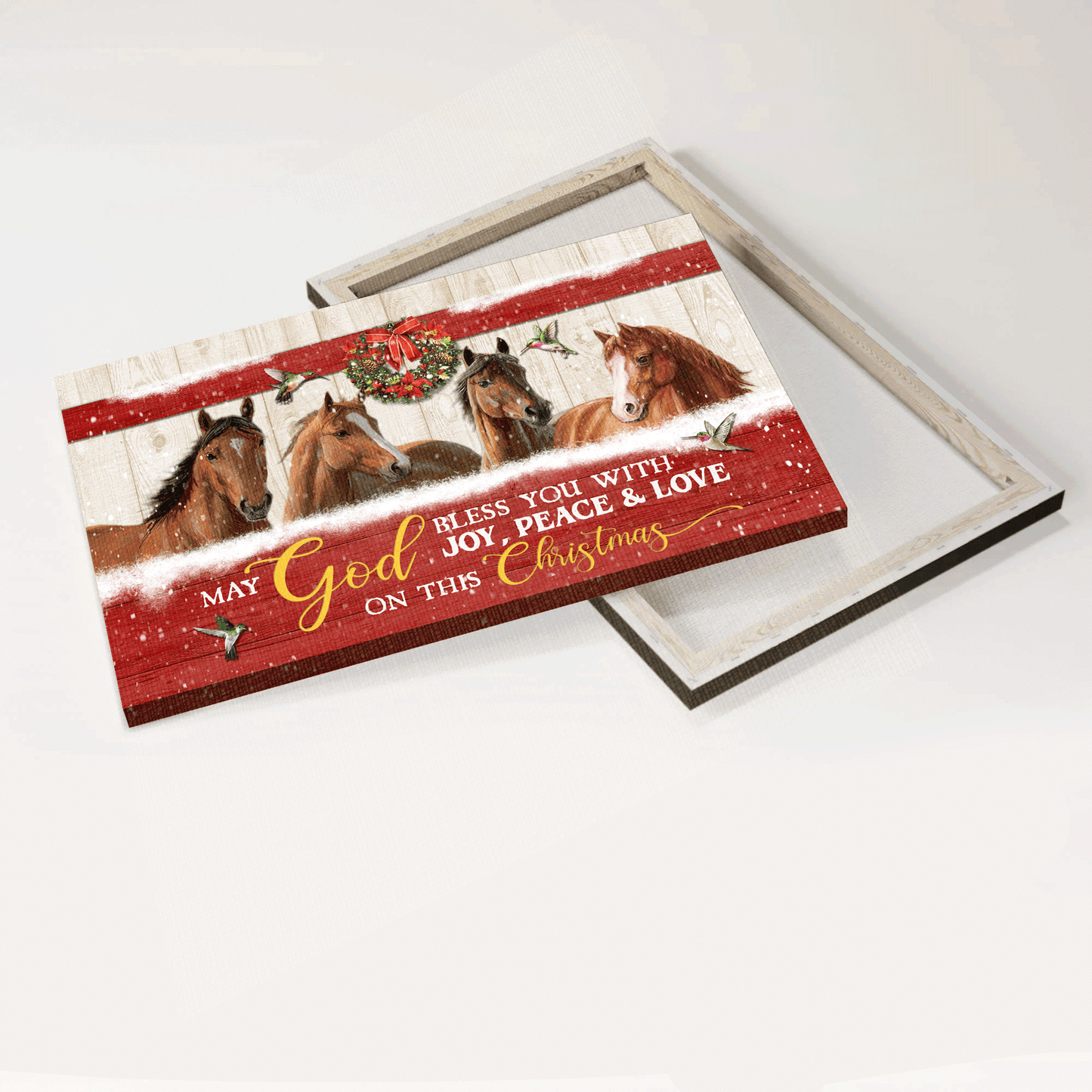 Jesus Landscape Canvas - Stunning Horses Drawing, Christmas Wreath Canvas - Gift For Christian - May God Bless You With Joy Canvas