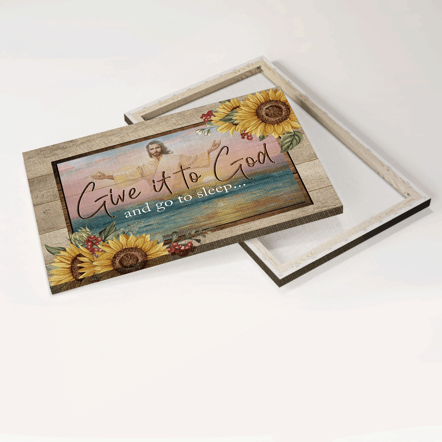 Jesus Landscape Canvas- Blue ocean, Jesus painting, Watercolor sunflower canvas - Gift for Christian- Give it to God and go to sleep - Landscape Canvas Prints, Christian Wall Art