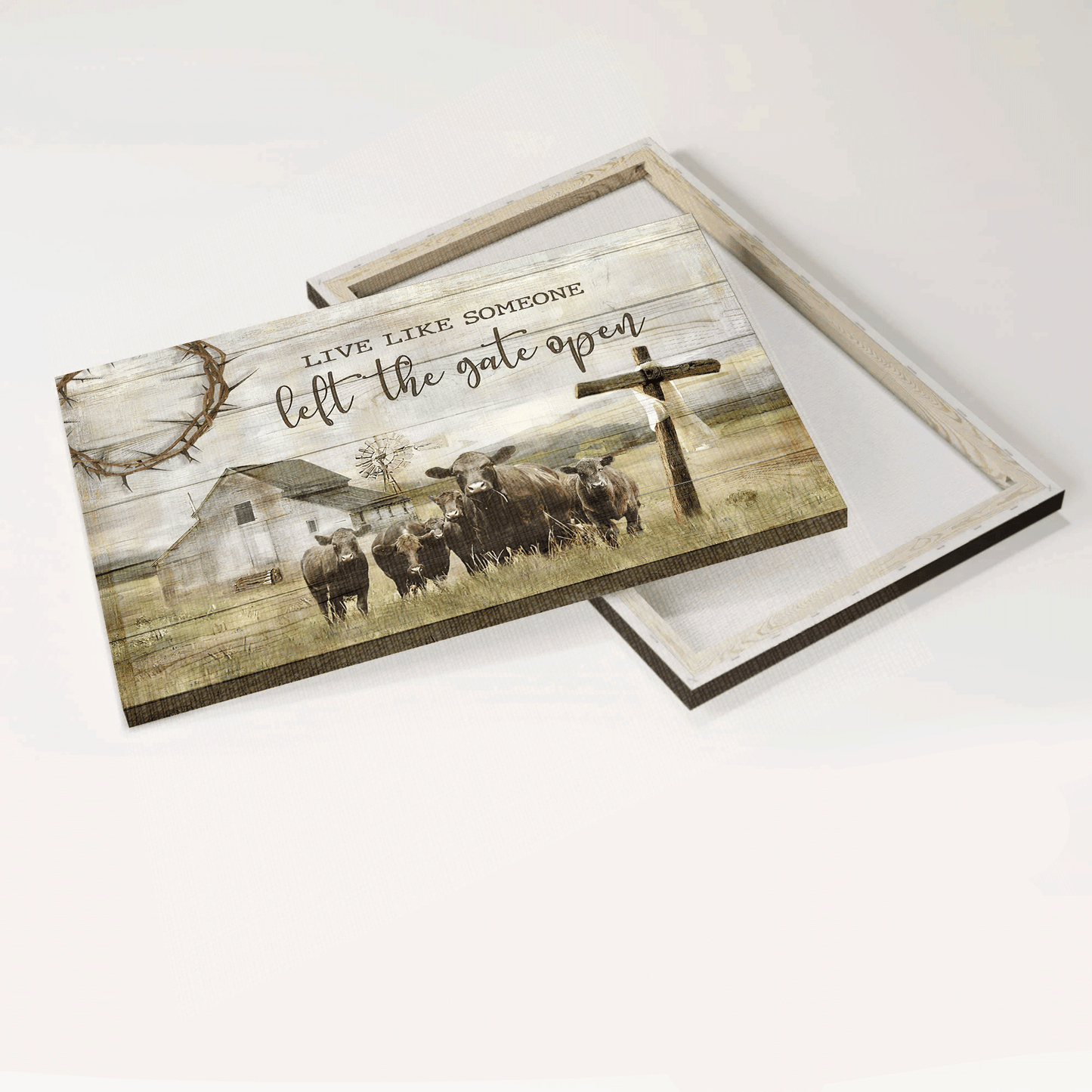 Jesus Landscape Canvas - Tranquil Farm, Aberdeen Angus, Wooden Cross Canvas - Gift For Christian - Live Like Someone, Left The Gate Open Canvas
