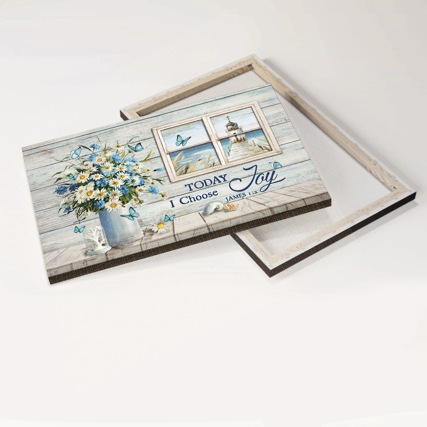 Jesus Landscape Canvas - Church By The Sea, Church Through Rustic Window, Window Frame, Blue Butterfly, Daisy Flower Landscape Canvas - Gift For Christian - Today I Choose Joy
