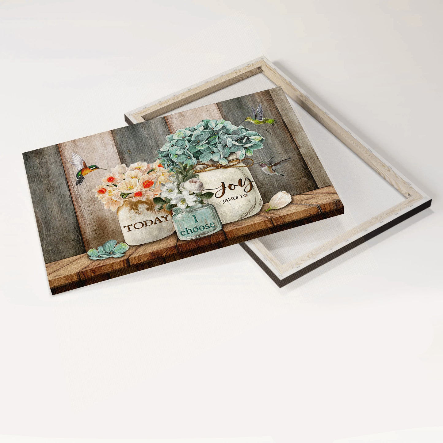 Jesus Landscape Canvas - Blue Hydrangea, Beautiful Flower Vase, Hummingbird Landscape Canvas - Gift For Christian - Today I Choose Joy Landscape Canvas