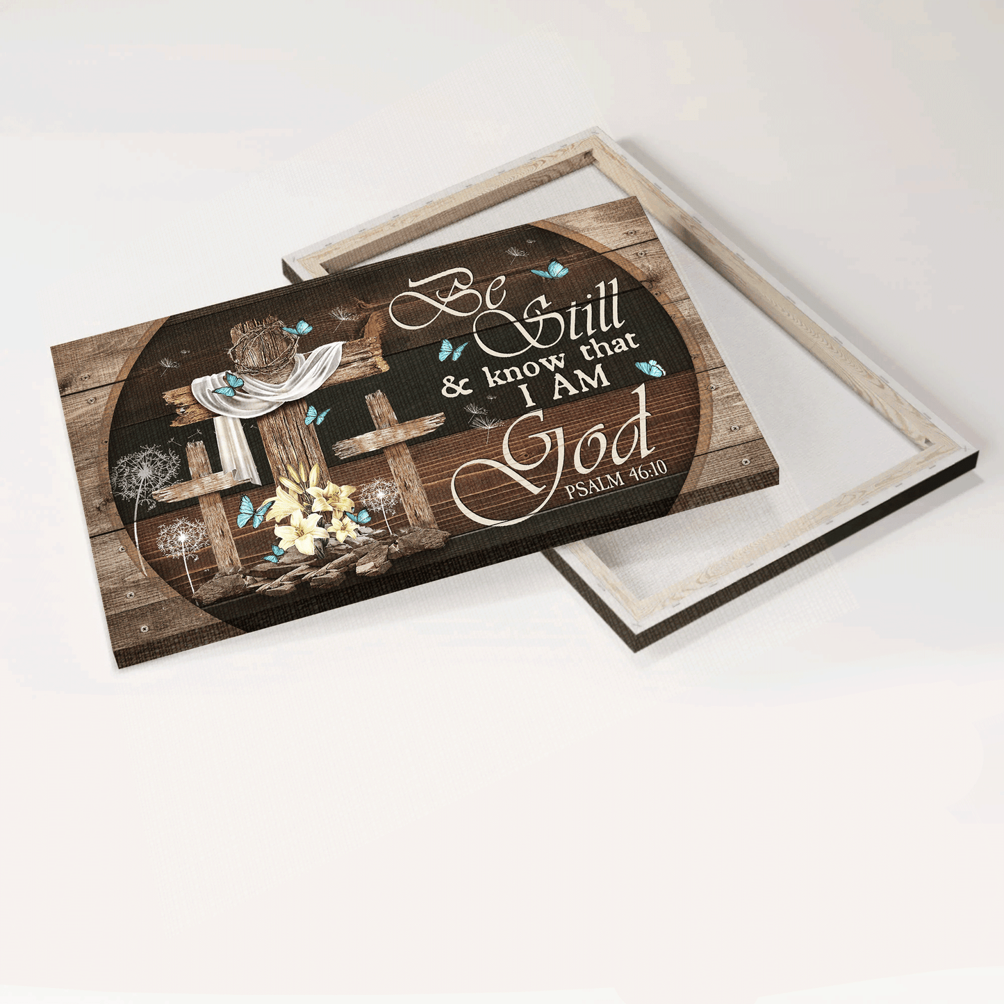 Jesus Landscape Canvas - Old cross, Blue butterfly, Beautiful lily Landscape Canvas - Gift For Christian - Be still and know that I am God Landscape Canvas
