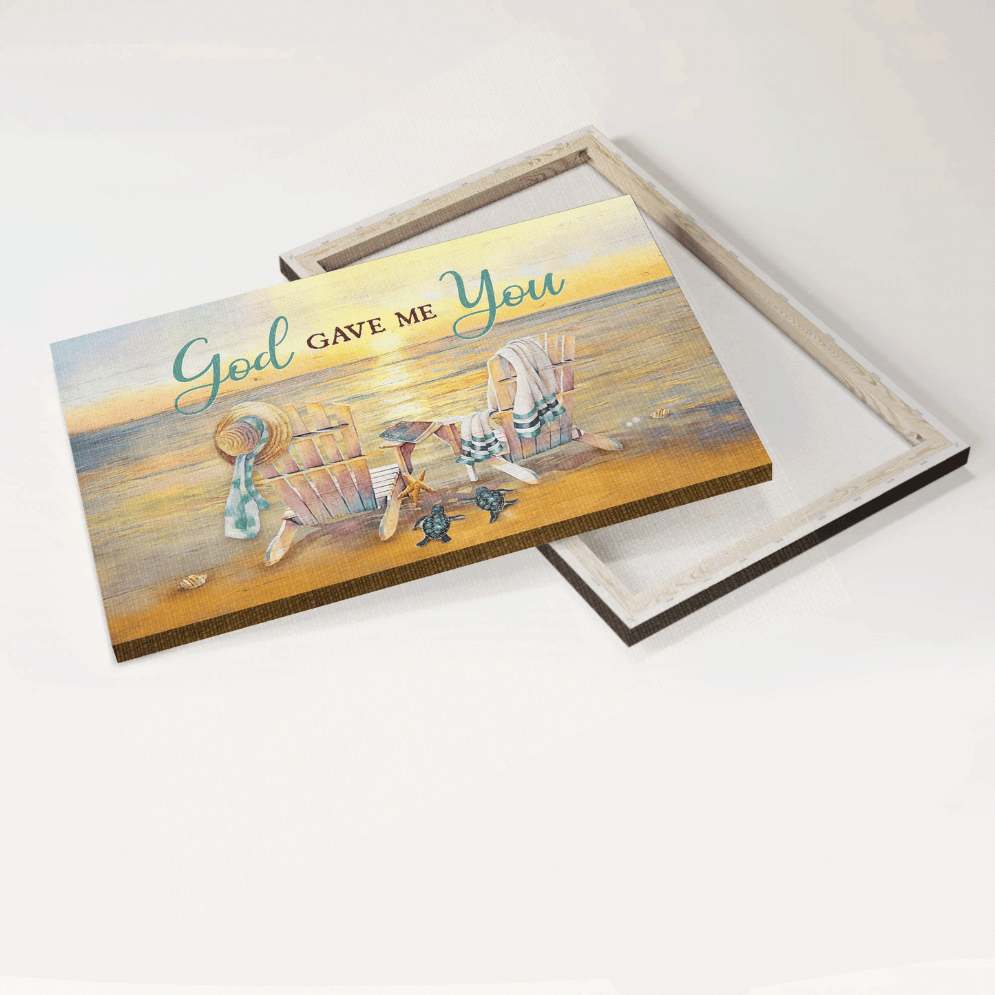 Jesus Landscape Canvas- Beach Painting, Wooden Chair, Couple Sea Turtle Canvas- Gift For Christian- God Gave Me You