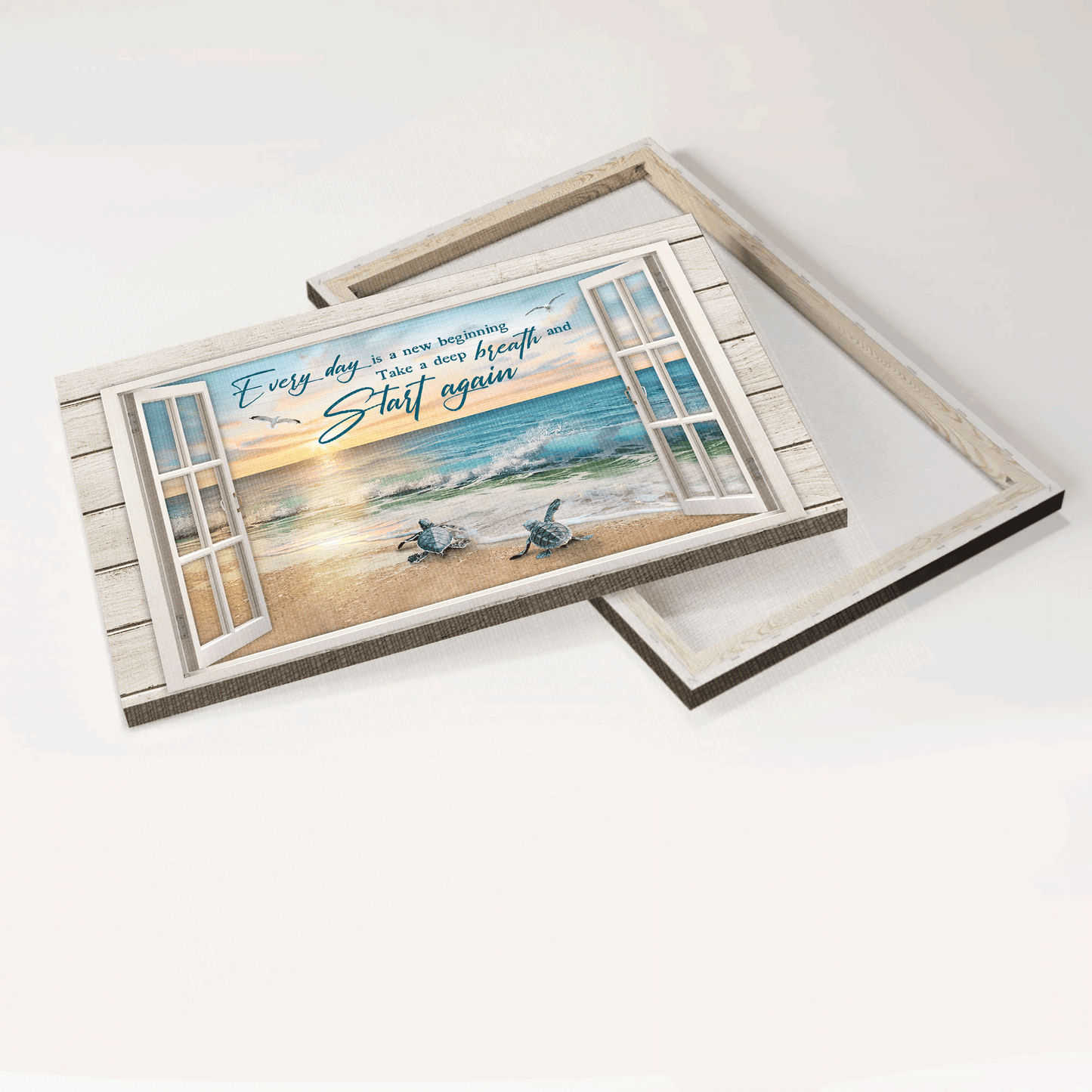 Jesus Landscape Canvas- Beach Painting, Sea Turtles, Inspirational Quote, Seagull Painting Canvas- Gift For Christian- Every Day Is A New Beginning