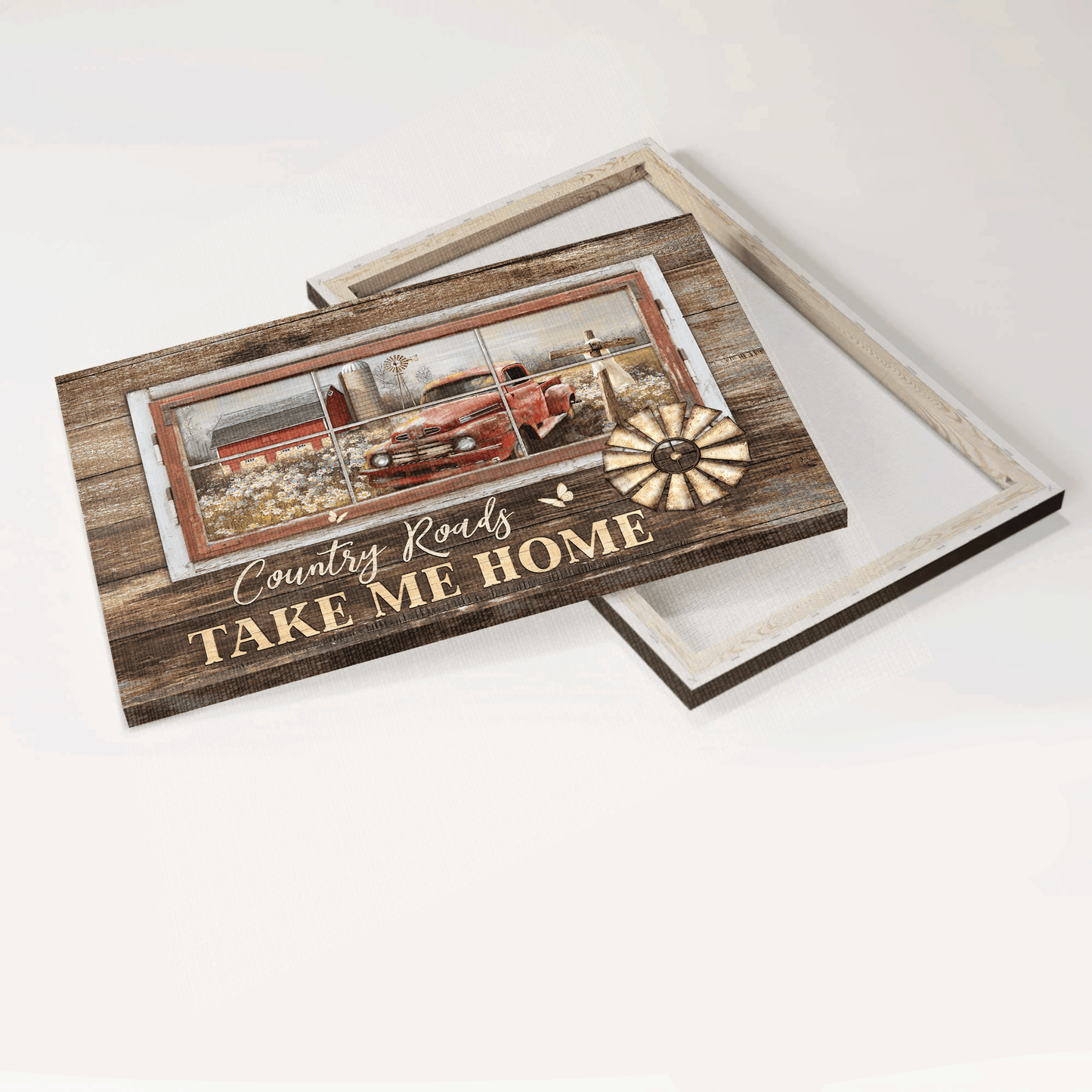 Jesus Landscape Canvas - Old red truck, Wooden cross, Tranquil flower field Landscape Canvas - Gift For Christian - Country roads take me home Landscape Canvas