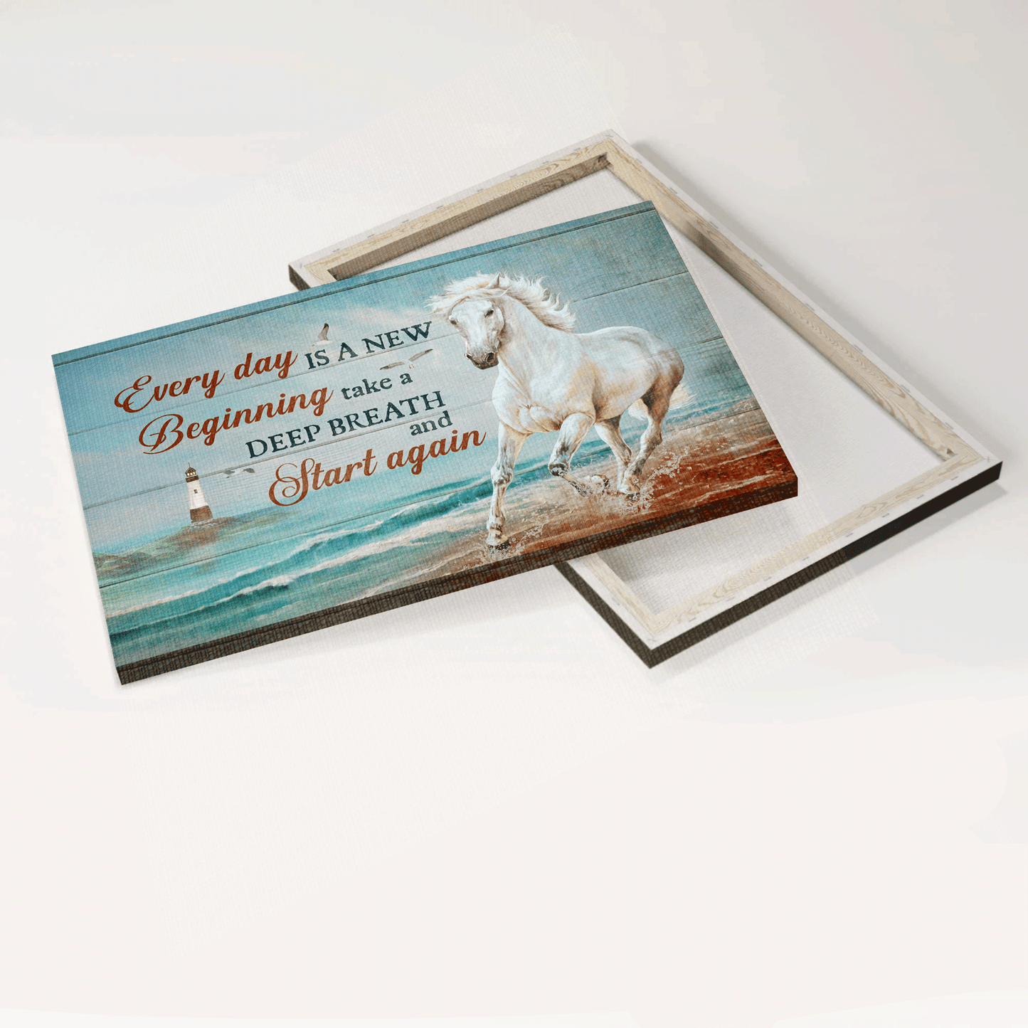 Jesus Landscape Canvas- Blue ocean, Running horse, Lighthouse canvas- Gift for Christian- Every day is a new beginning - Landscape Canvas Prints, Christian Wall Art