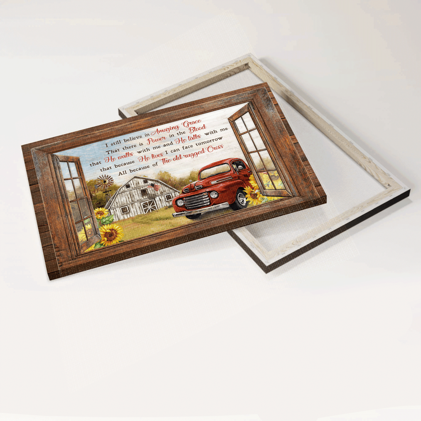 Jesus Landscape Canvas - Sunflower Farm, Red Ladybug Car, Vintage House, Window Frame Canvas - Gift For Christian - I Still Believe In Amazing Grace Canvas