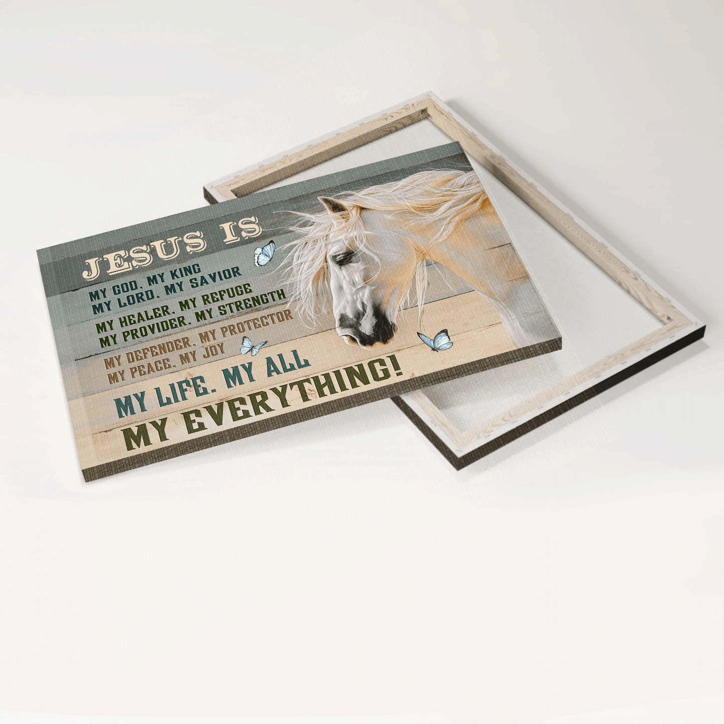 Jesus Landscape Canvas - White Horse Painting, Blue Butterfly Canvas - Gift For Christian - Jesus Is My Everything Canvas