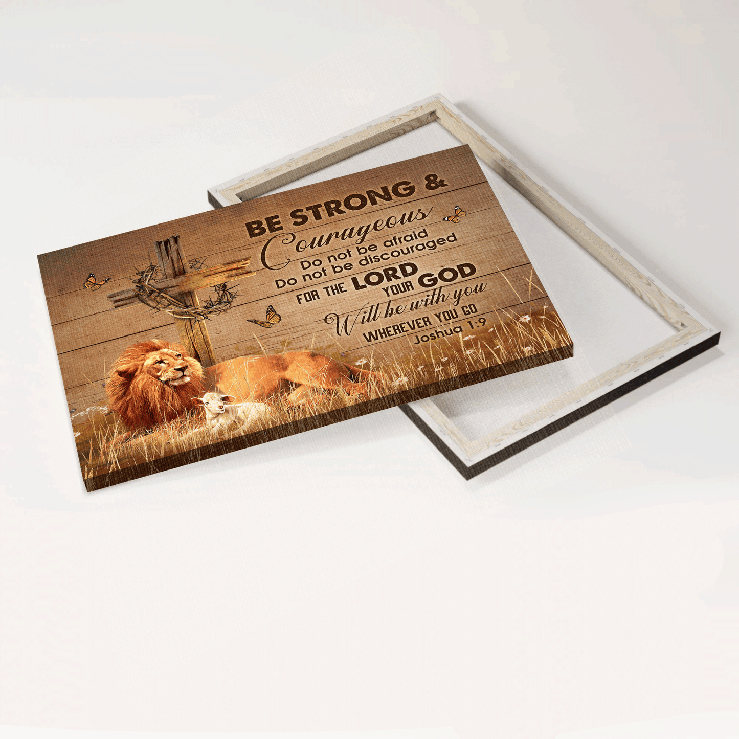 Jesus Landscape Canvas - Lion of Judah, Lamb of God, Cross, Crown of thorns Canvas - Gift for Christian - Be strong and courageous Landscape Canvas