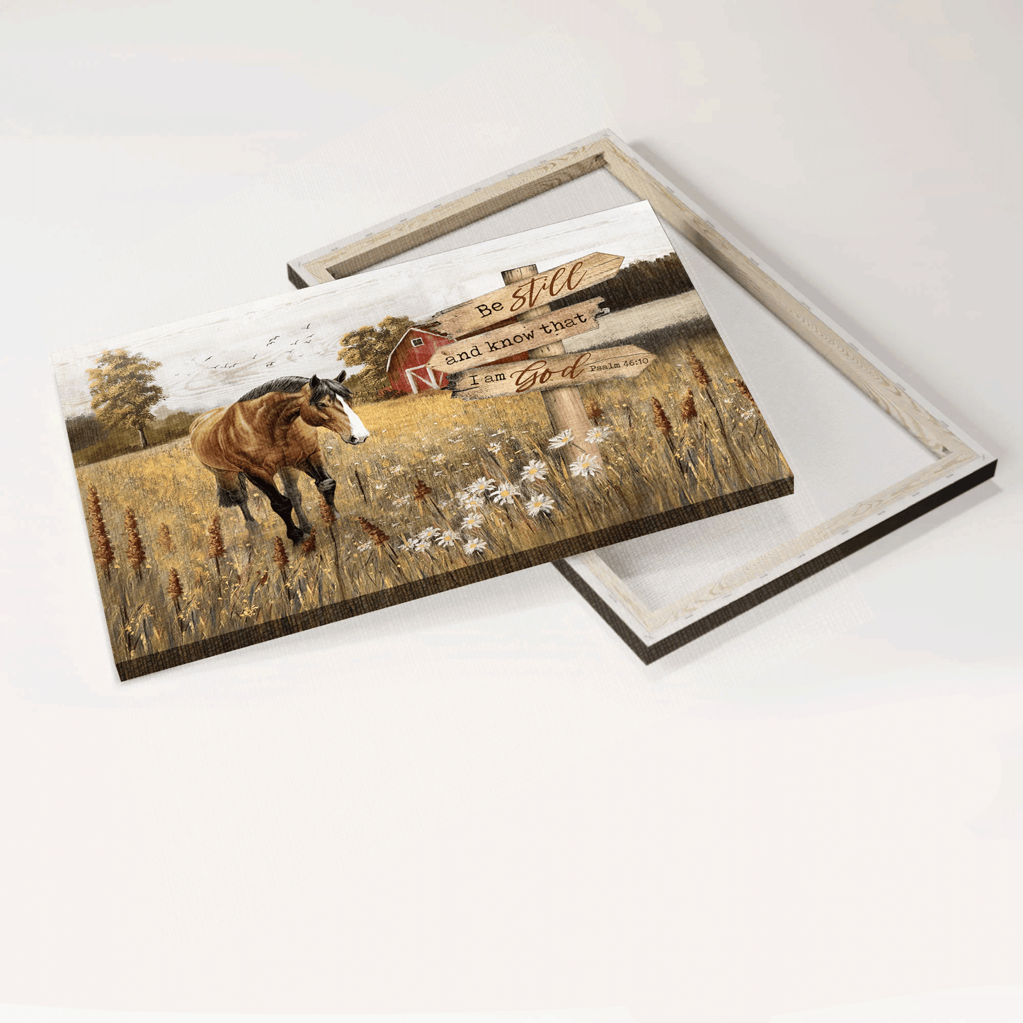 Jesus Landscape Canvas - Horse painting, Countryside landscape, Red barn house canvas- Gift for Christian- Be still and know that I am God - Landscape Canvas Prints, Christian Wall Art