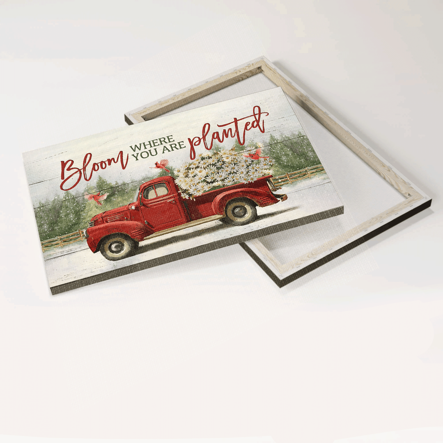 Jesus Landscape Canvas- Daisy flower, Red truck drawing, Red cardinal canvas- Gift for Christian- Bloom where you are planted