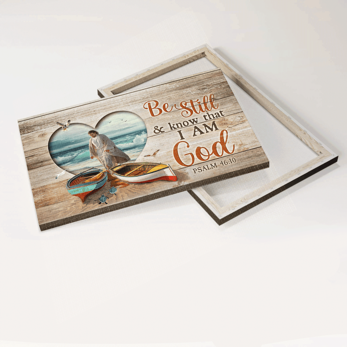 Jesus Landscape Canvas - Colorful Boat, Jesus Walking On Water, Blue Sea Turtle, Albatross, Heart Landscape Canvas - Gift For Christian - Be Still And Know That I Am God