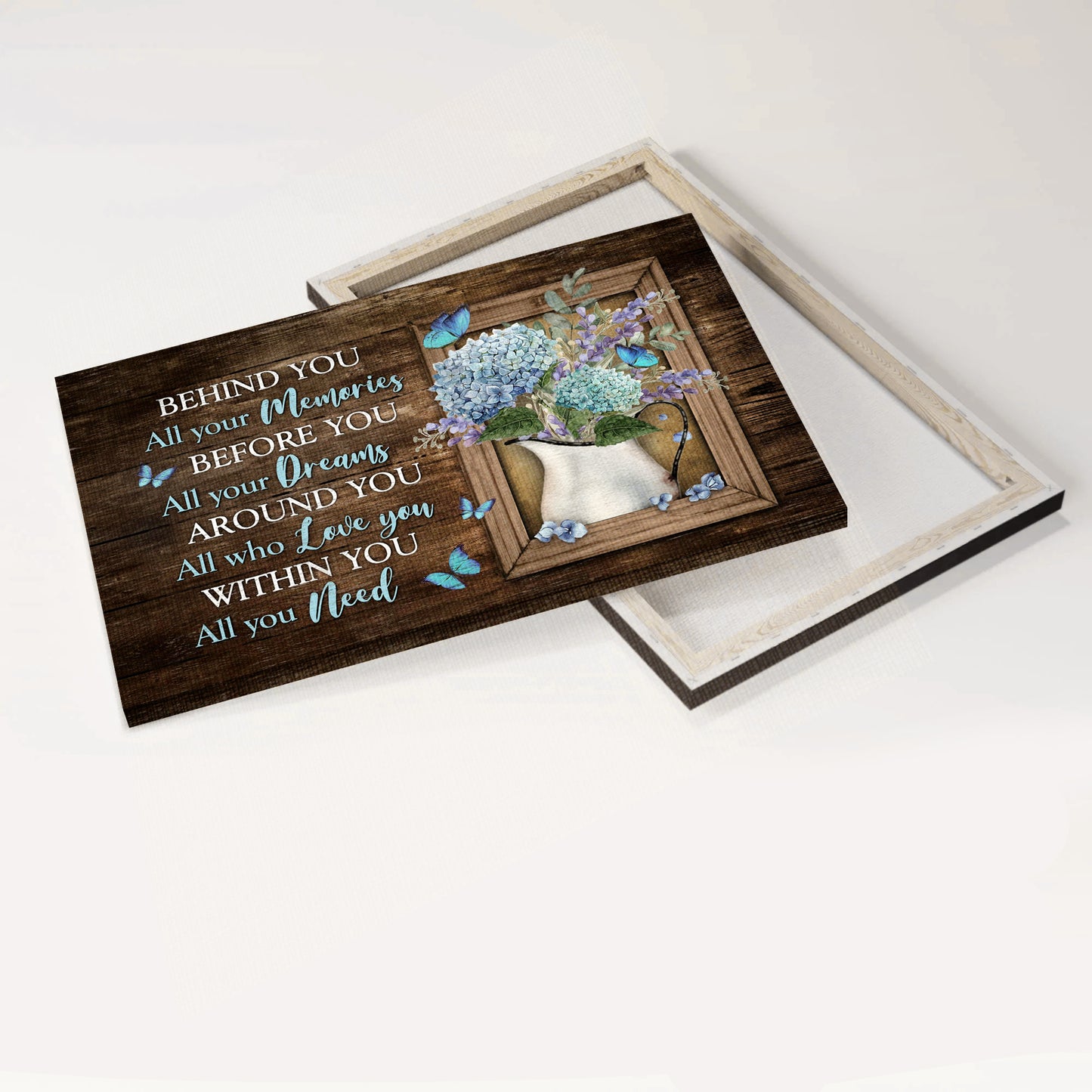 Jesus Landscape Canvas - Blue hydrangea, Flower vase, Blue butterfly Landscape Canvas - Gift For Christian - Behind you, All your memories Landscape Canvas