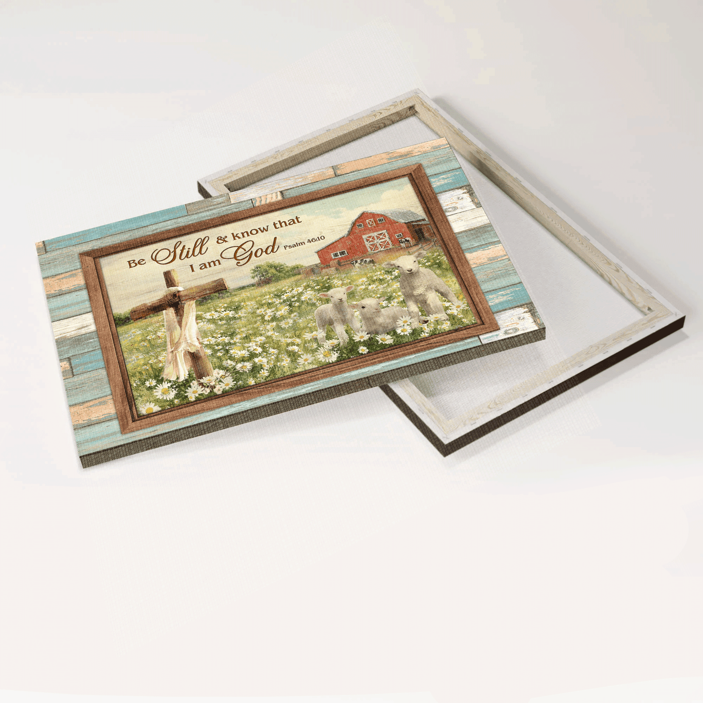 Jesus Landscape Canvas - White Sheep, Daisy Field, Wooden Cross Canvas - Gift For Christian - Be Still And Know That I Am God Canvas