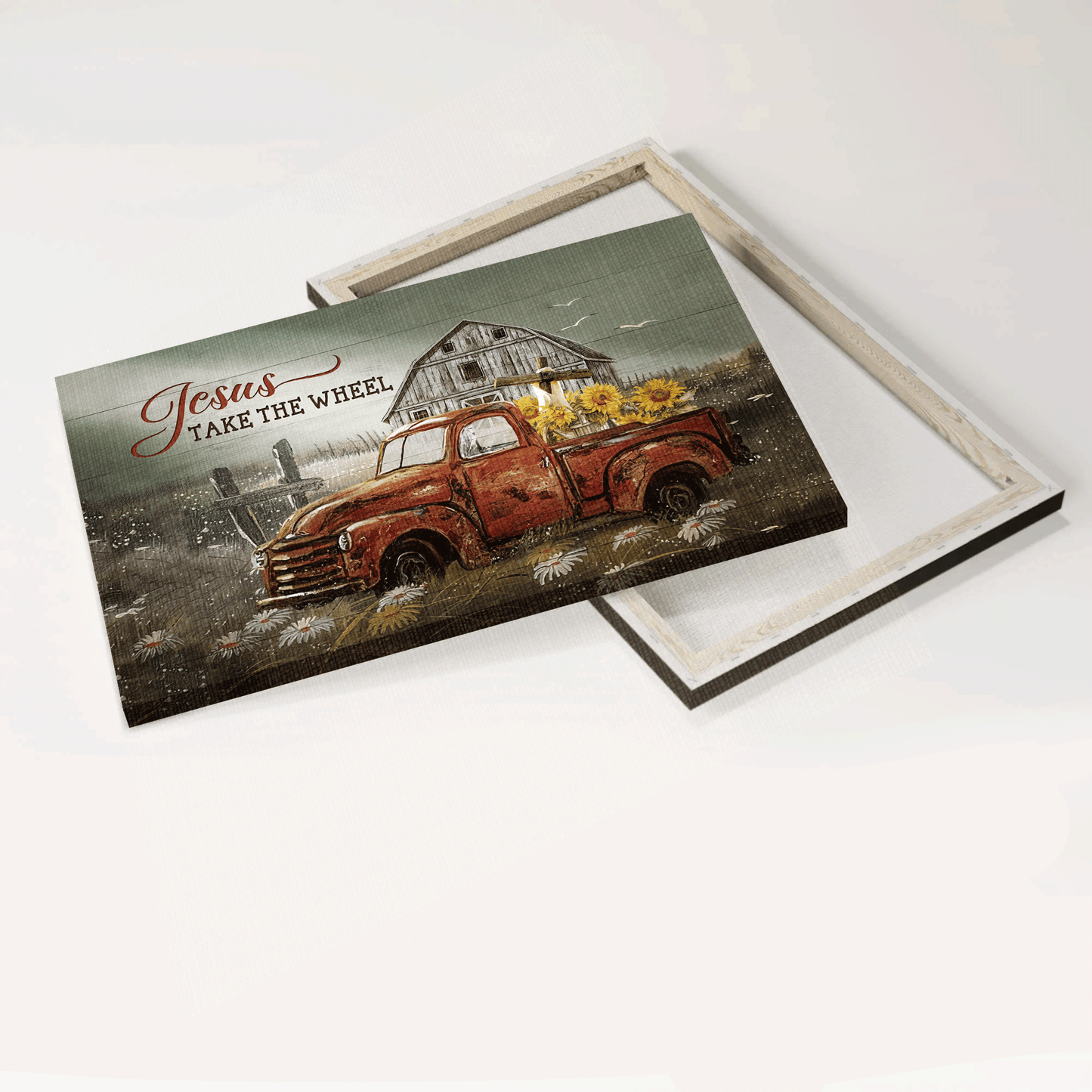 Jesus Landscape Canvas - Old ladybug car, Stunning drawing, Sunflower Landscape Canvas - Gift For Christian - Jesus take the wheel Landscape Canvas