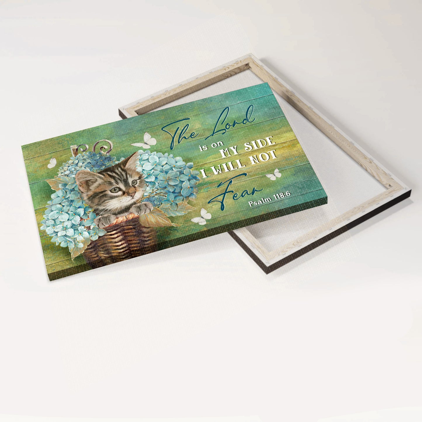 Jesus Landscape Canvas - Blue hydrangea vase, Little cat, White butterfly Landscape Canvas - Gift For Christian - The Lord is on my side Landscape Canvas