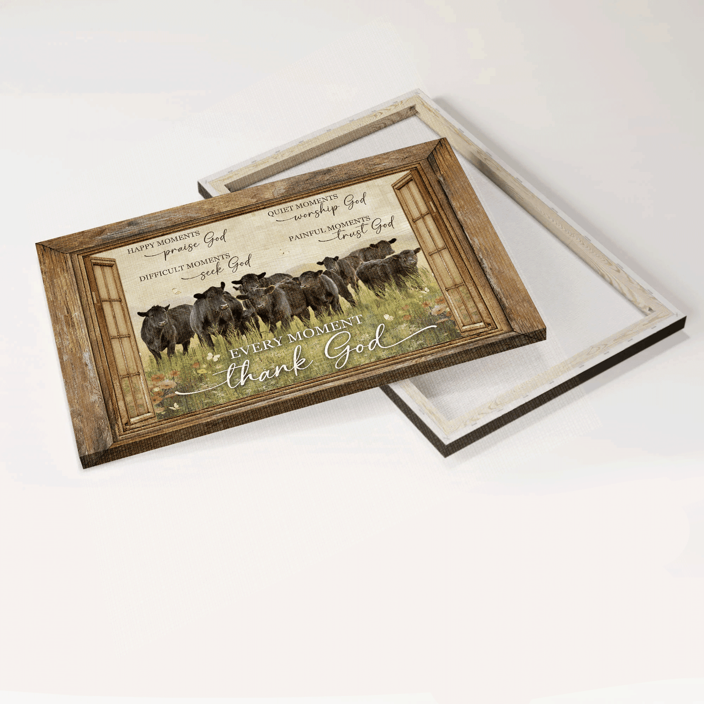 Jesus Landscape Canvas- Black angus, Window frame, Flower field, White butterfly canvas- Gift for Christian- Every moment thank God - Landscape Canvas Prints, Wall Art