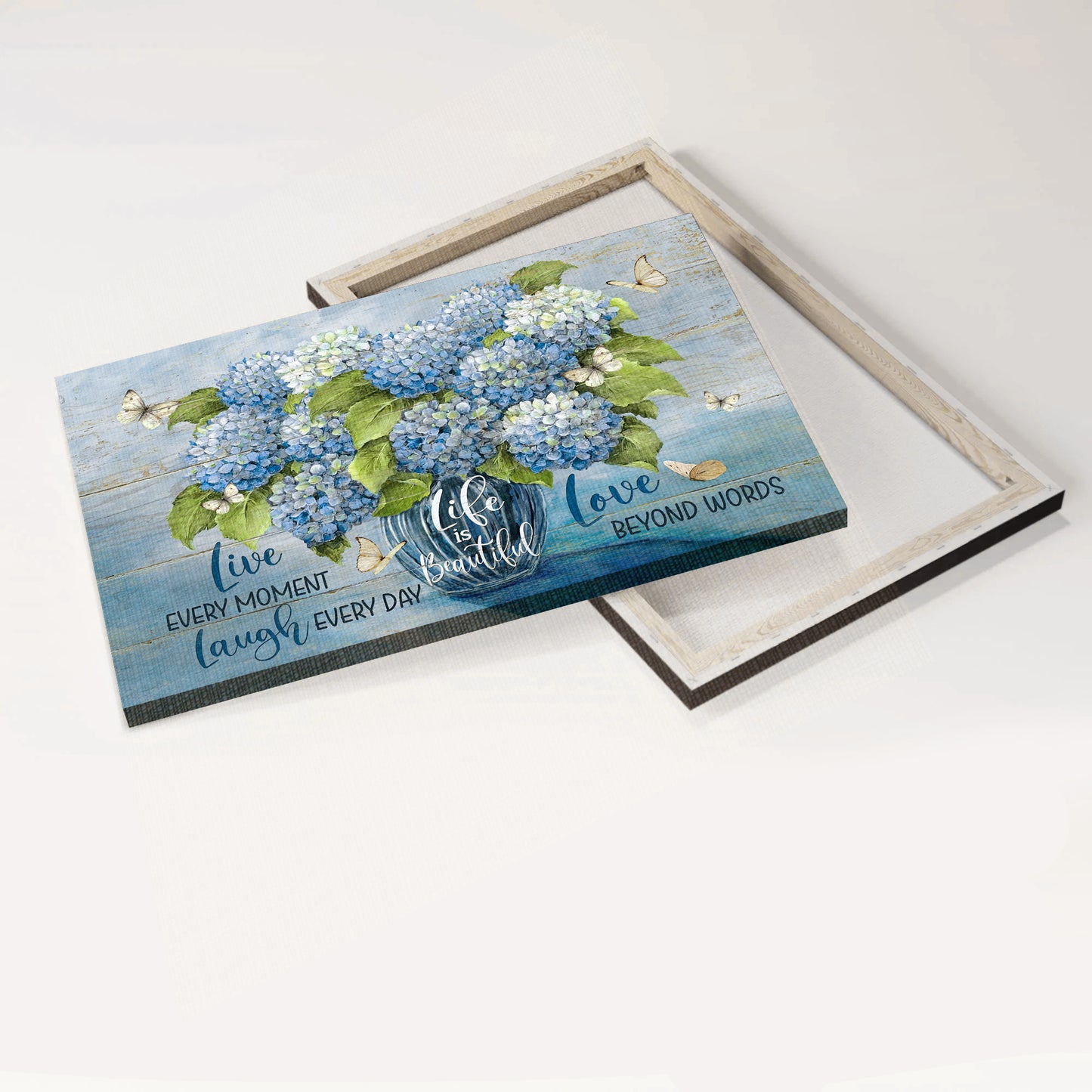 Jesus Landscape Canvas - Blue hydrangea, Crystal vase, White butterfly Landscape Canvas - Gift For Christian - Life is beautiful Landscape Canvas