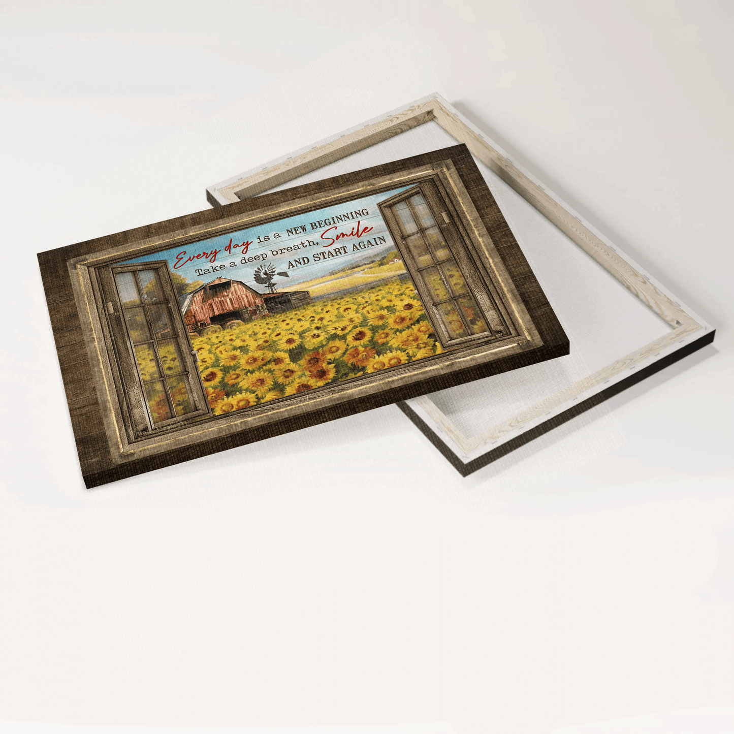 Jesus Landscape Canvas - Sunflower Field, Red Barn, Window Frame Canvas - Every Day Is A New Beginning Canvas