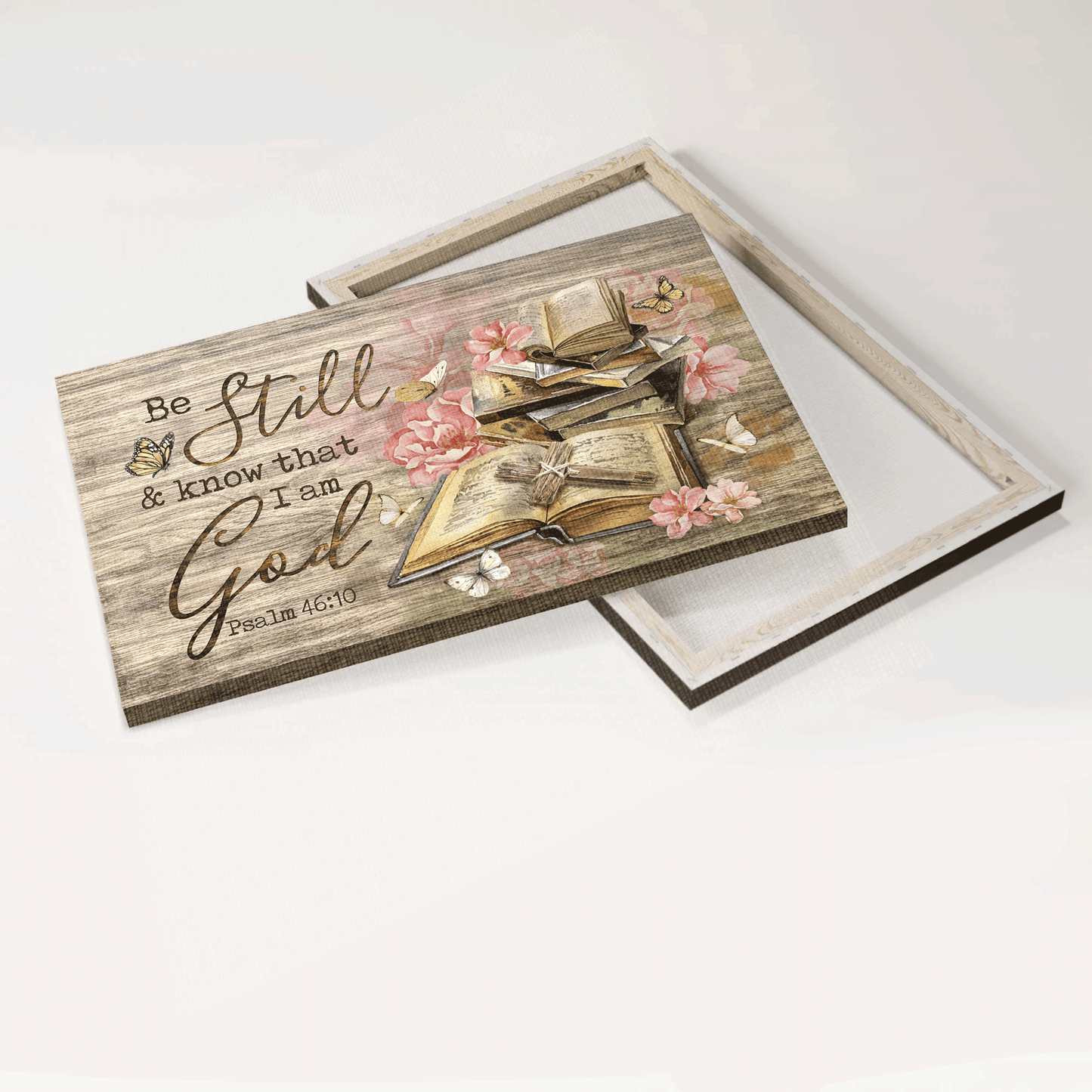 Jesus Landscape Canvas - Pink azalea, Bible books, Rugged cross Landscape Canvas - Gift For Christian - Be still I am God Landscape Canvas