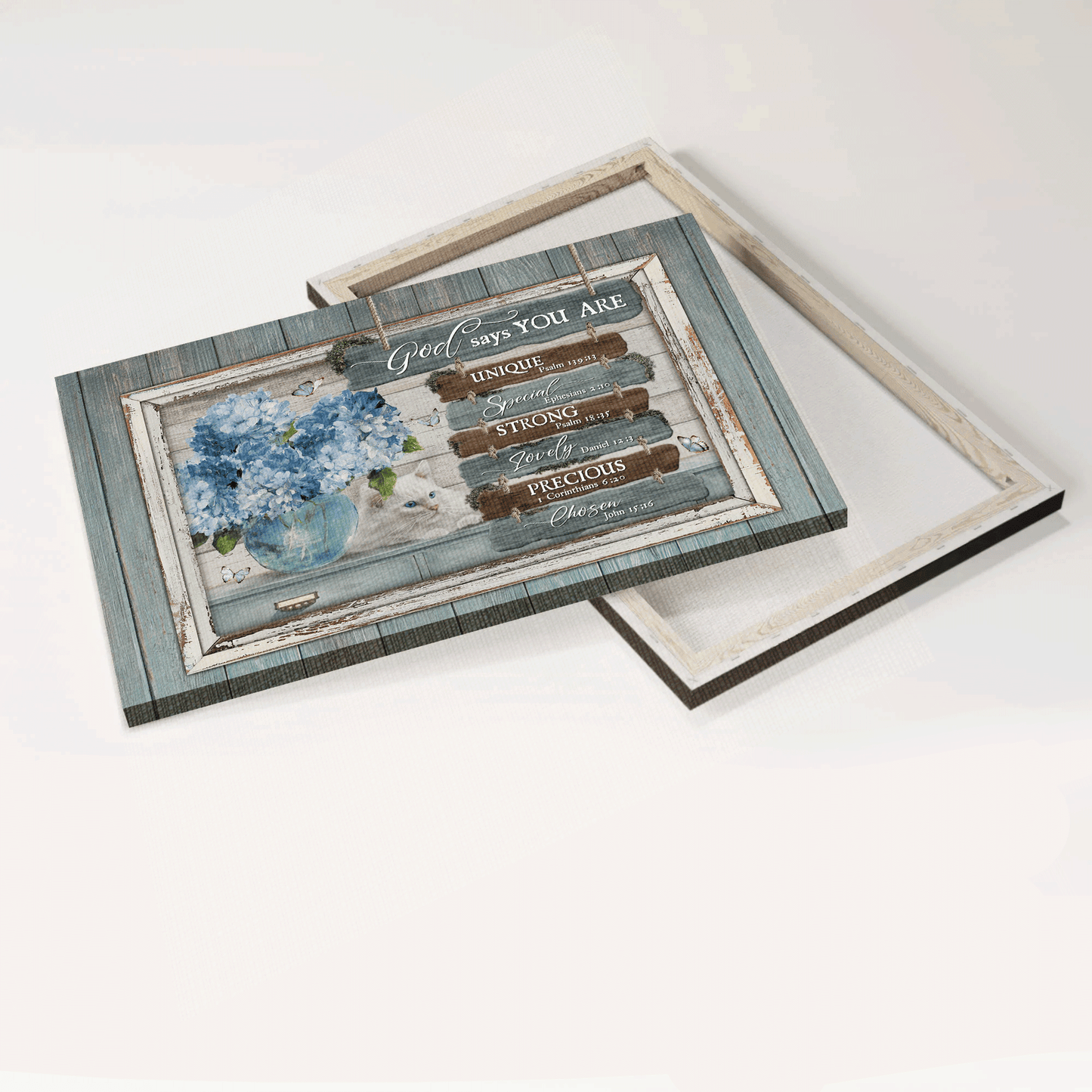 Jesus Landscape Canvas - Pretty blue hydrangeas, White cat Canvas - Gift for Christian - God says you are unique Landscape Canvas Prints, Christian Wall Art