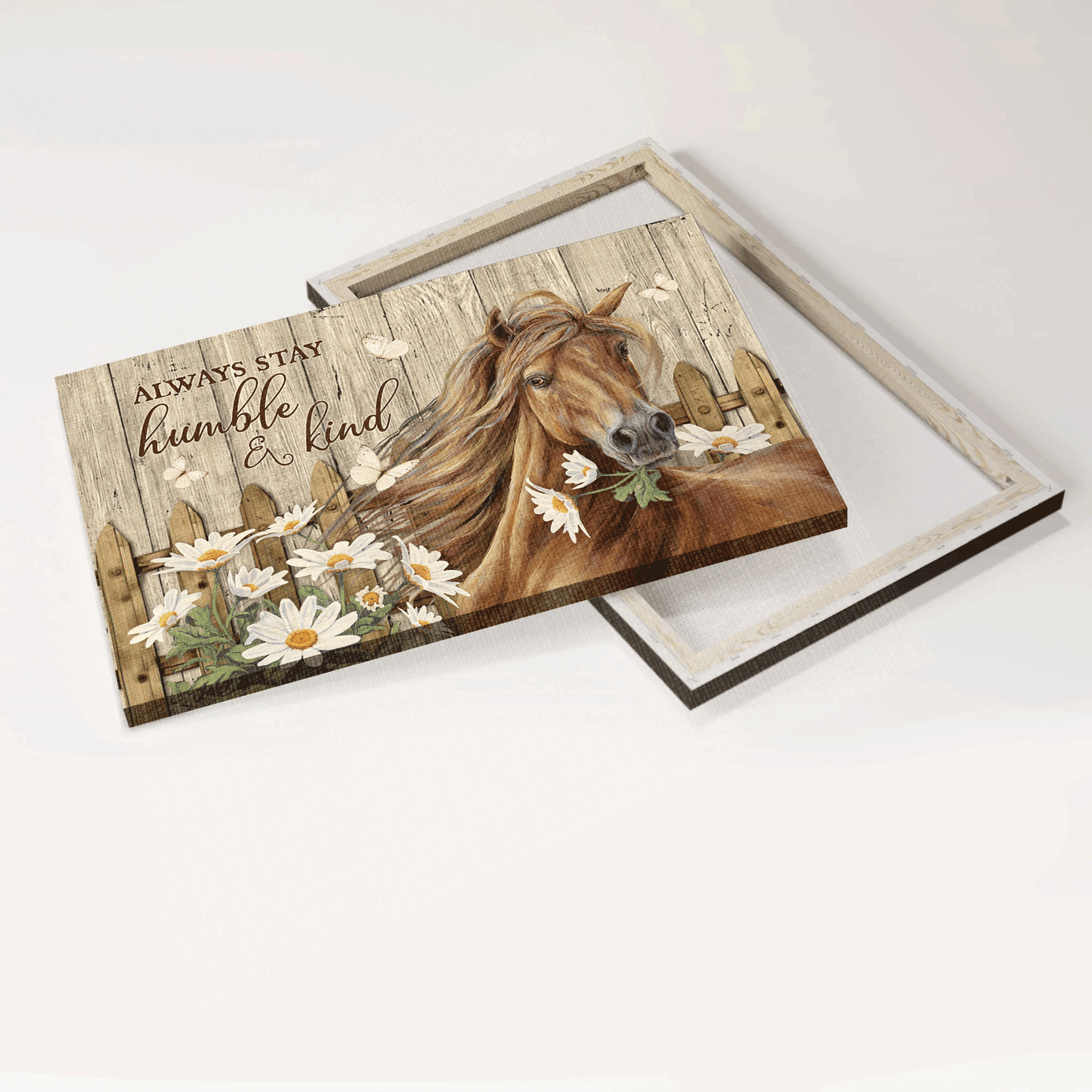 Jesus Landscape Canvas - Stunning Horse, Daisy Garden, Wooden Fence Canvas - Gift For Christian - Always Stay Humble And Kind Canvas