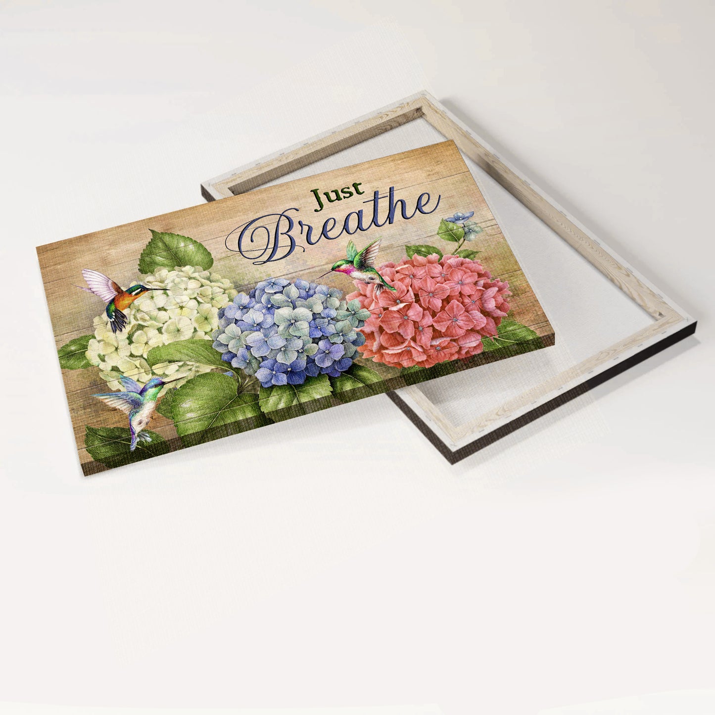 Jesus Landscape Canvas - Blue hydrangea, Pink hydrangea, White hydrangea, Green hummingbirds Landscape Canvas - Gift For Christian - Just breathe Landscape Canvas