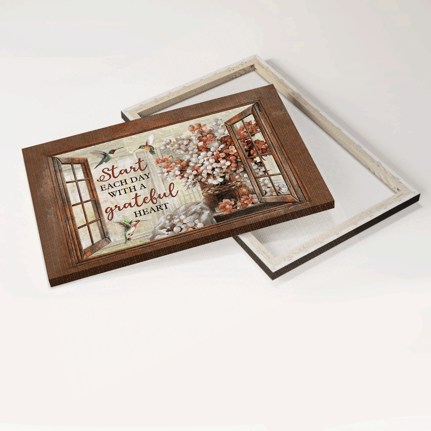 Jesus Landscape Canvas- Blossom flower, Hummingbird, Window frame- Gift for Christian- Start each day with a grateful heart - Landscape Canvas Prints, Christian Wall Art