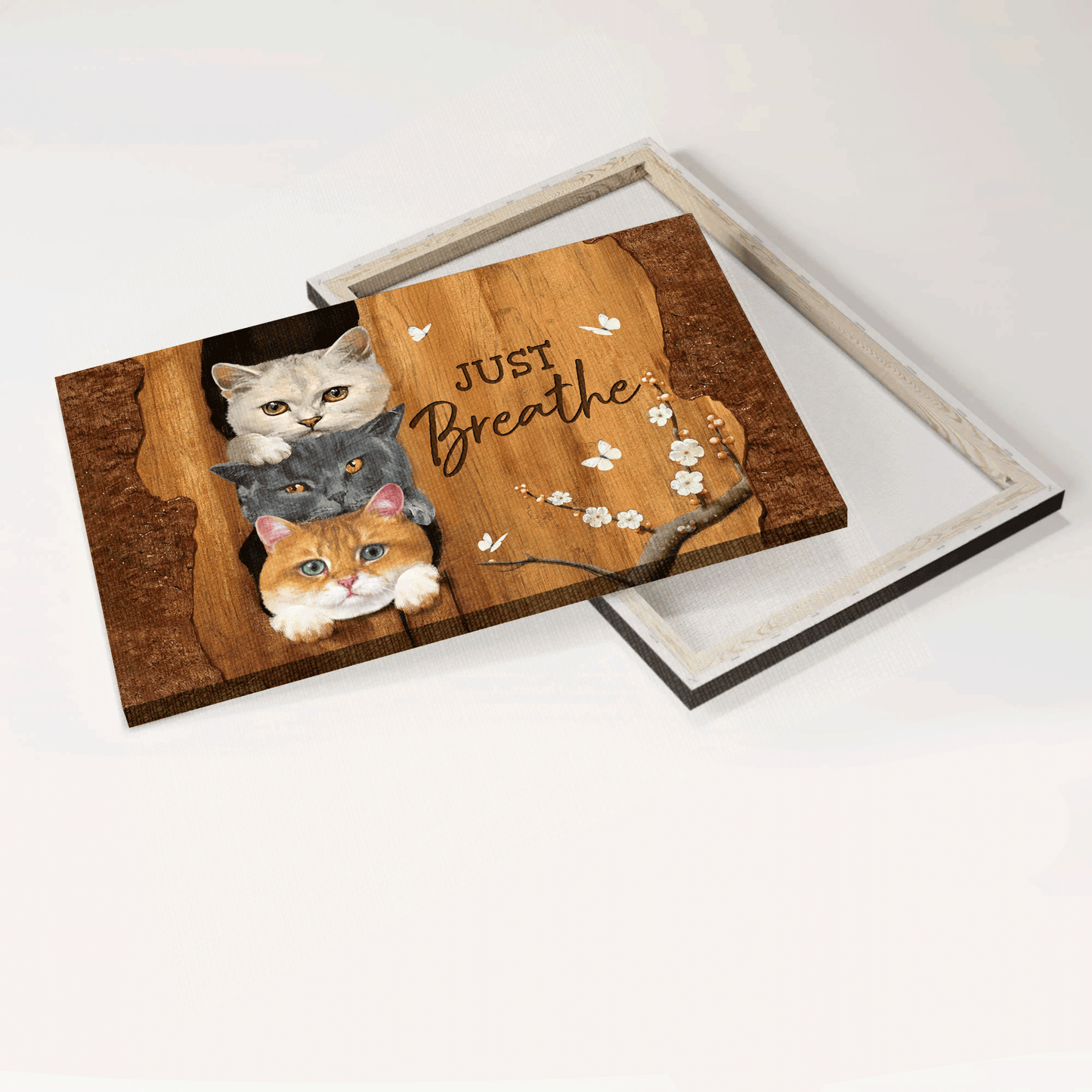 Jesus Landscape Canvas - Little cat artwork, Wooden background, White flower Landscape Canvas - Gift For Christian - Just breathe Landscape Canvas