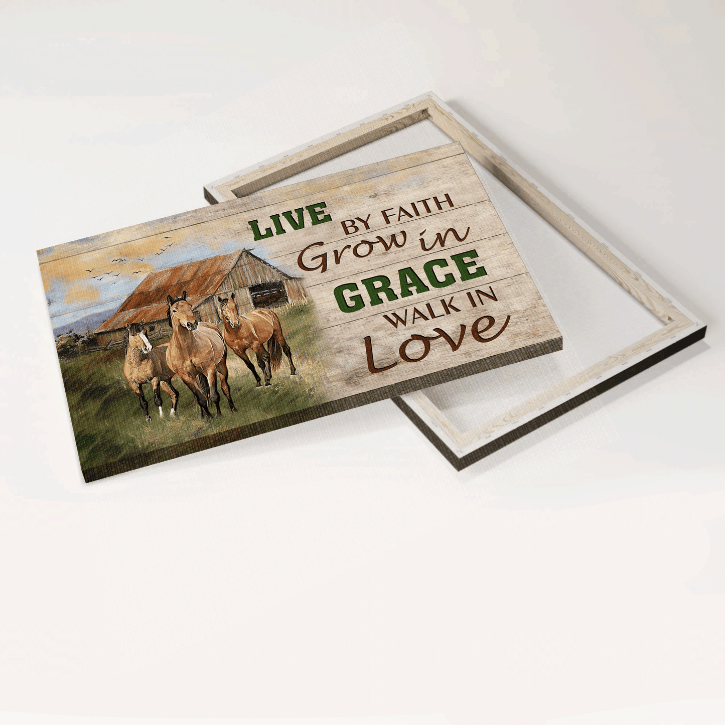 Jesus Landscape Canvas- Awesome Horses, Peaceful Meadow, Farm Animal Canvas- Gift For Christian- Live By Faith, Walk In Love