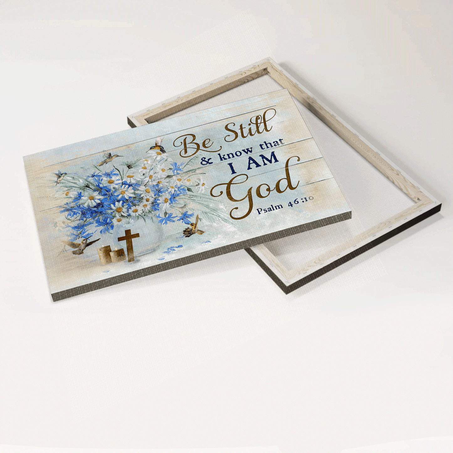 Jesus Landscape Canvas - Watercolor Daisy, Blue Flower, Hummingbird, Flower Vase Canvas - Gift For Christian - Be Still And Know That I Am God Canvas