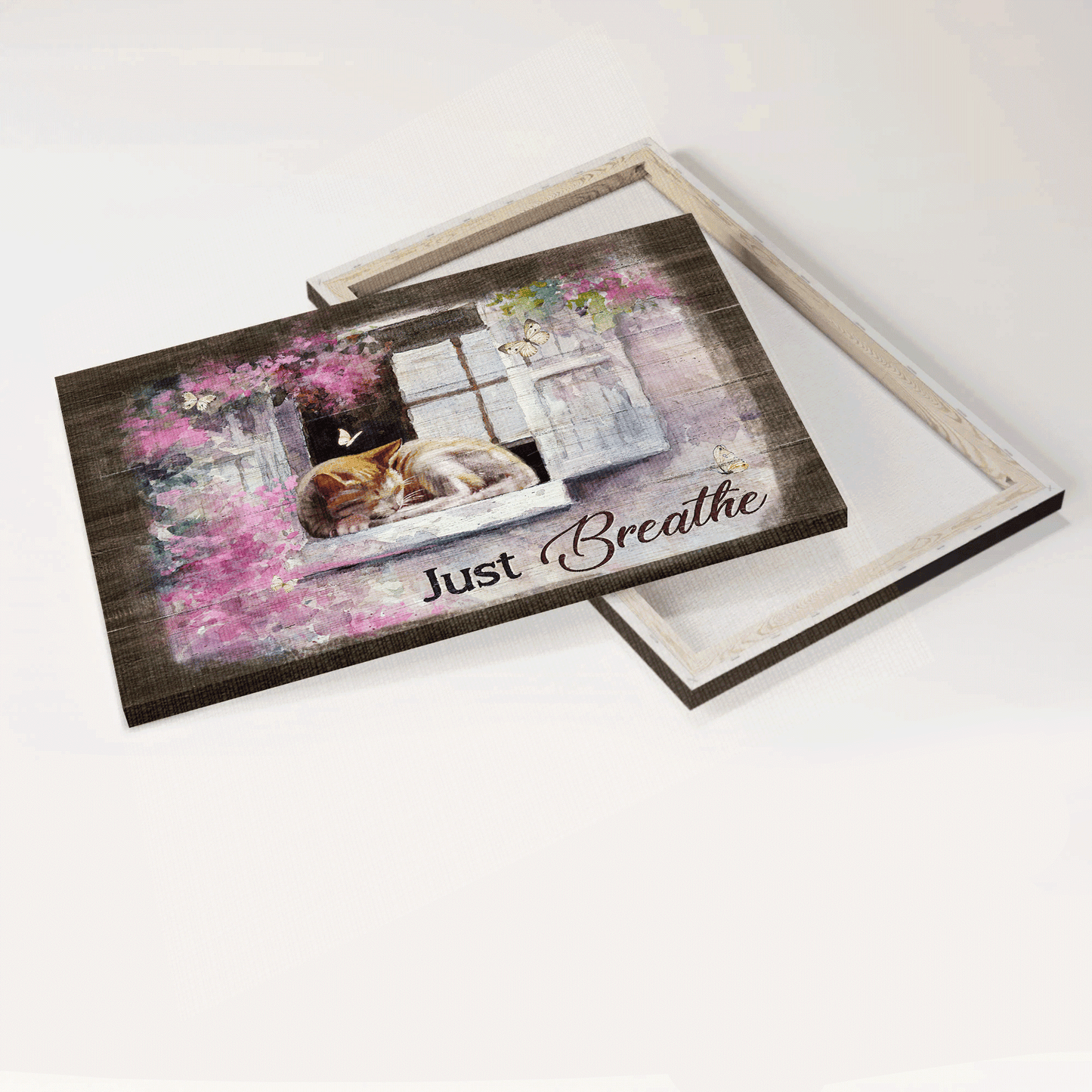 Jesus Landscape Canvas - Pink flower garden, Little cat, White butterfly Landscape Canvas - Gift For Christian - Just breathe Landscape Canvas