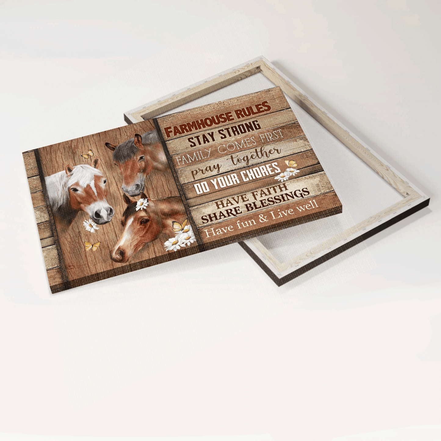 Jesus Landscape Canvas- Beautiful horse, White daisy drawing, Butterfly canvas- Gift for Christian- Stay strong family comes first