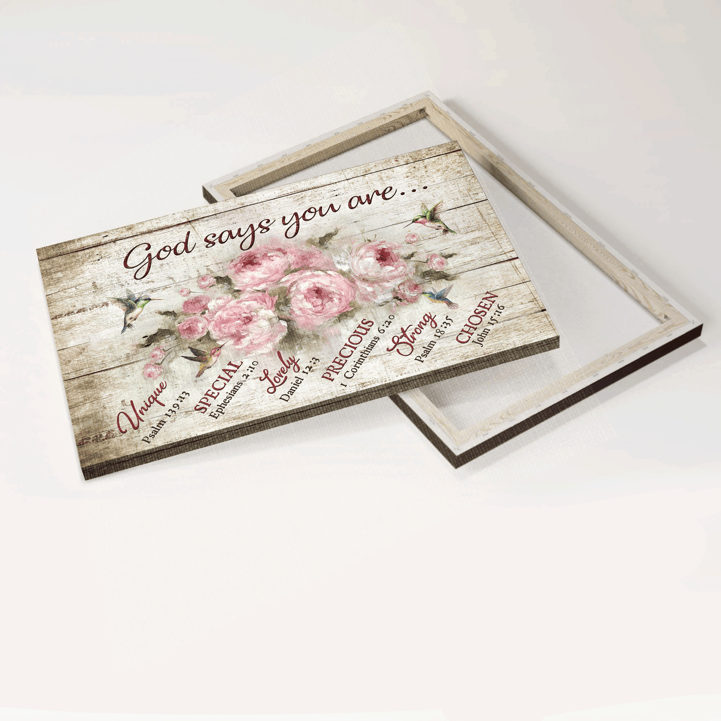 Jesus Landscape Canvas - Bible verse, Watercolor hummingbird, Pink flower painting Landscape Canvas - Gift For Christian - God says you are