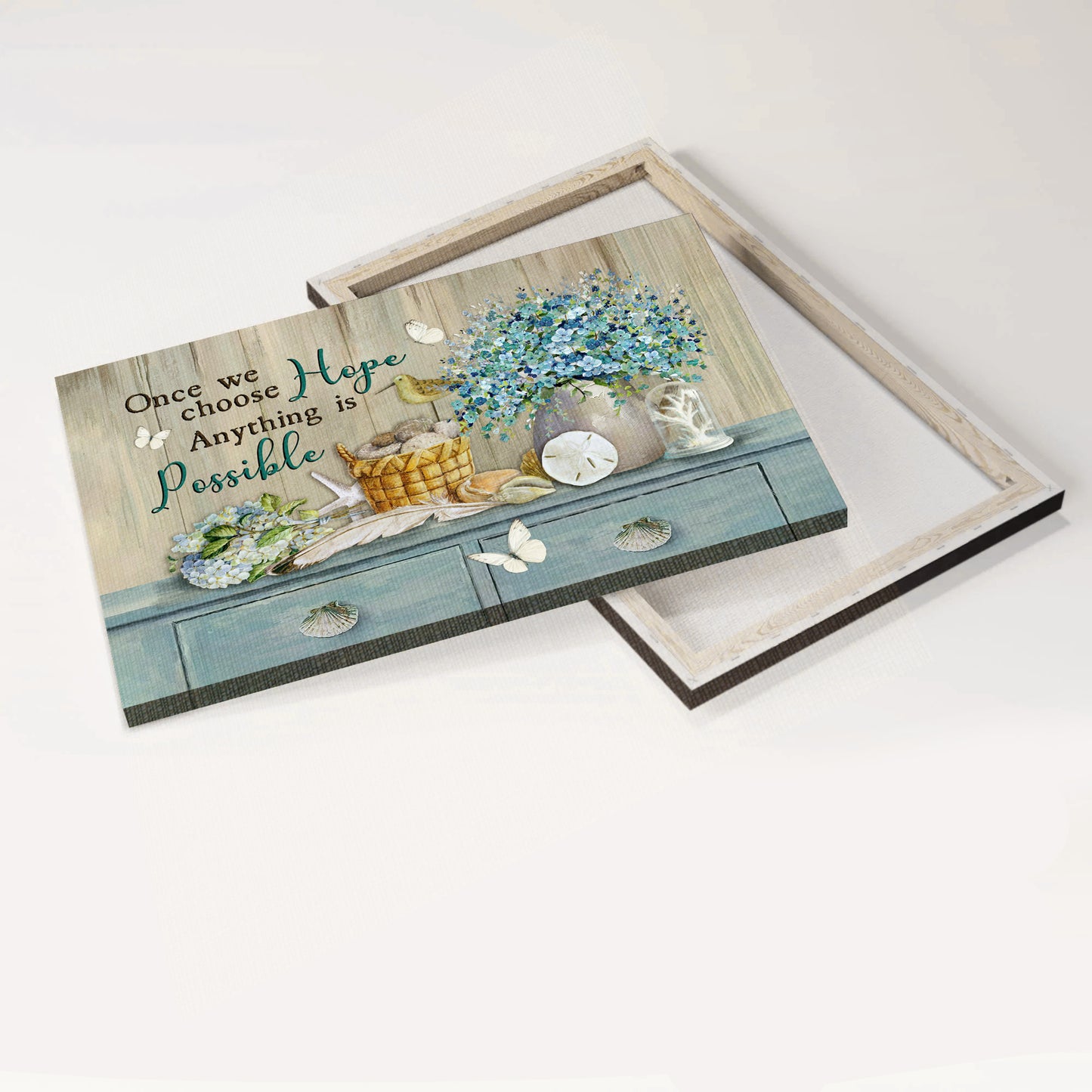 Jesus Landscape Canvas - Blue hydrangea, Blue cabinet, Once we choose hope Landscape Canvas - Gift For Christian - Anything is possible Landscape Canvas